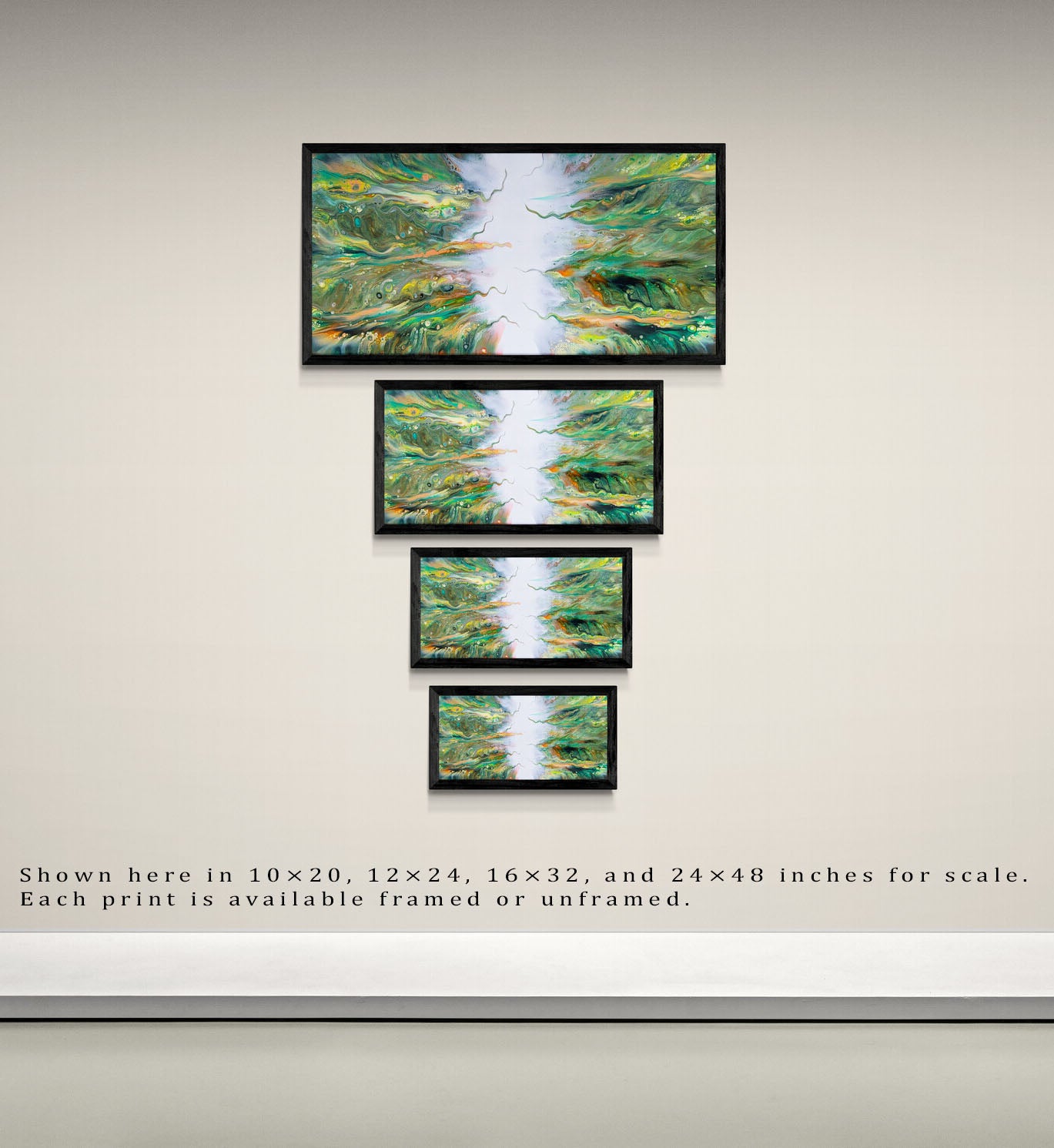 Four framed versions of the canvas print “Lush” are displayed in descending sizes on a neutral beige wall, showing scale options from large to small. Each version highlights the fluid motion and rich green and yellow tones converging around a luminous white center.