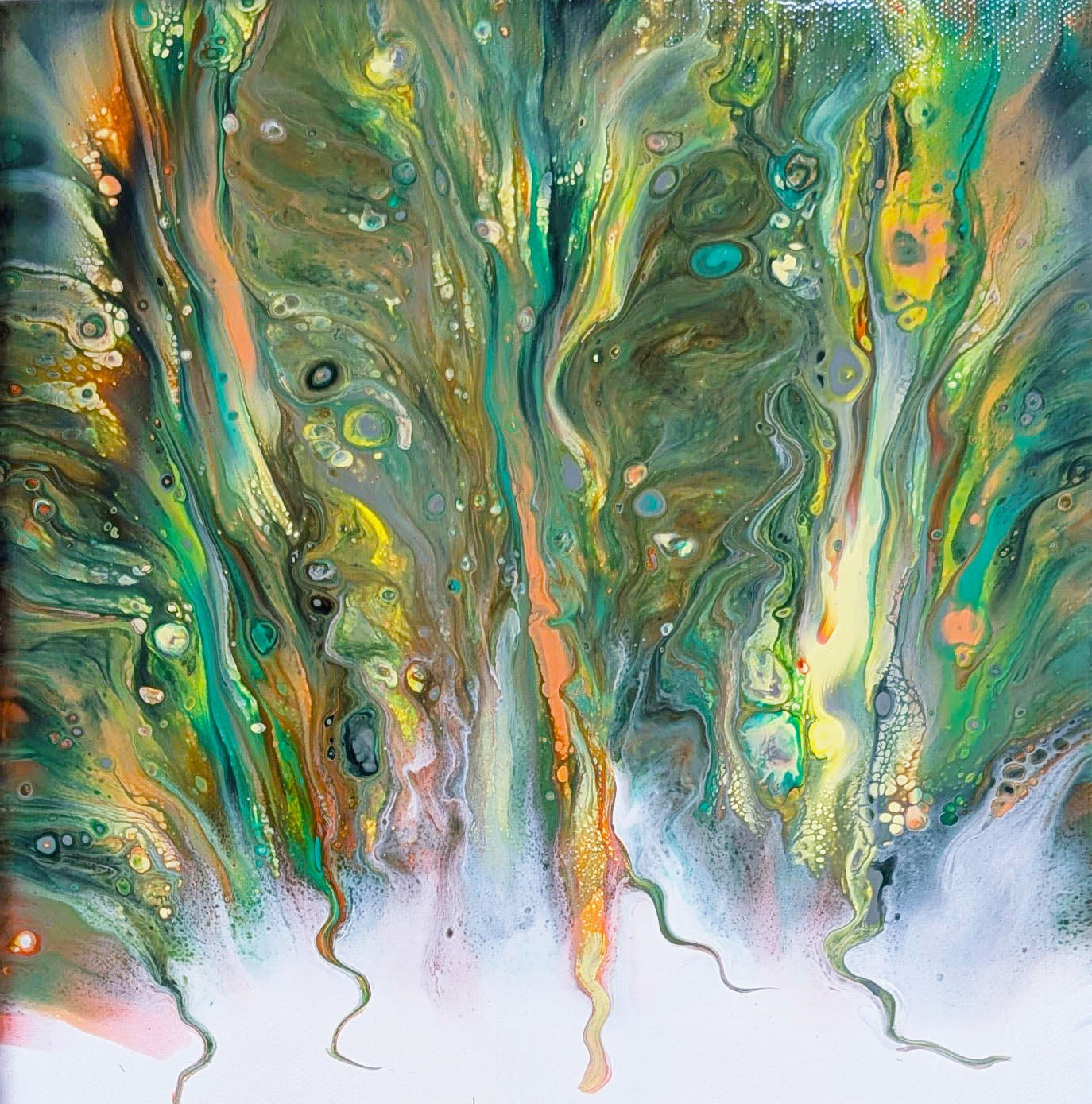 Detailed view of the abstract painting “Lush,” showing rich blends of green, yellow, and teal with hints of orange flowing upward from a white base. Intricate cells and fluid textures create depth and organic movement, highlighting the painting’s layered, nature-inspired energy.