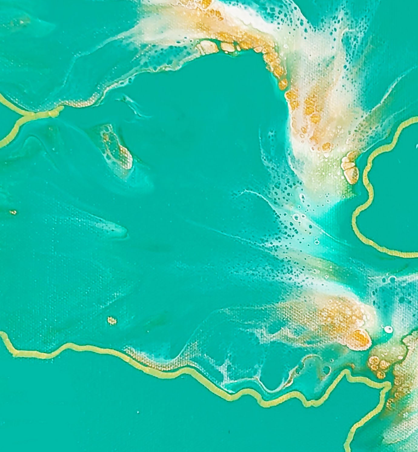 Close-up of teal and gold acrylic fluid art painting, featuring flowing paint textures and shimmering metallic accents.