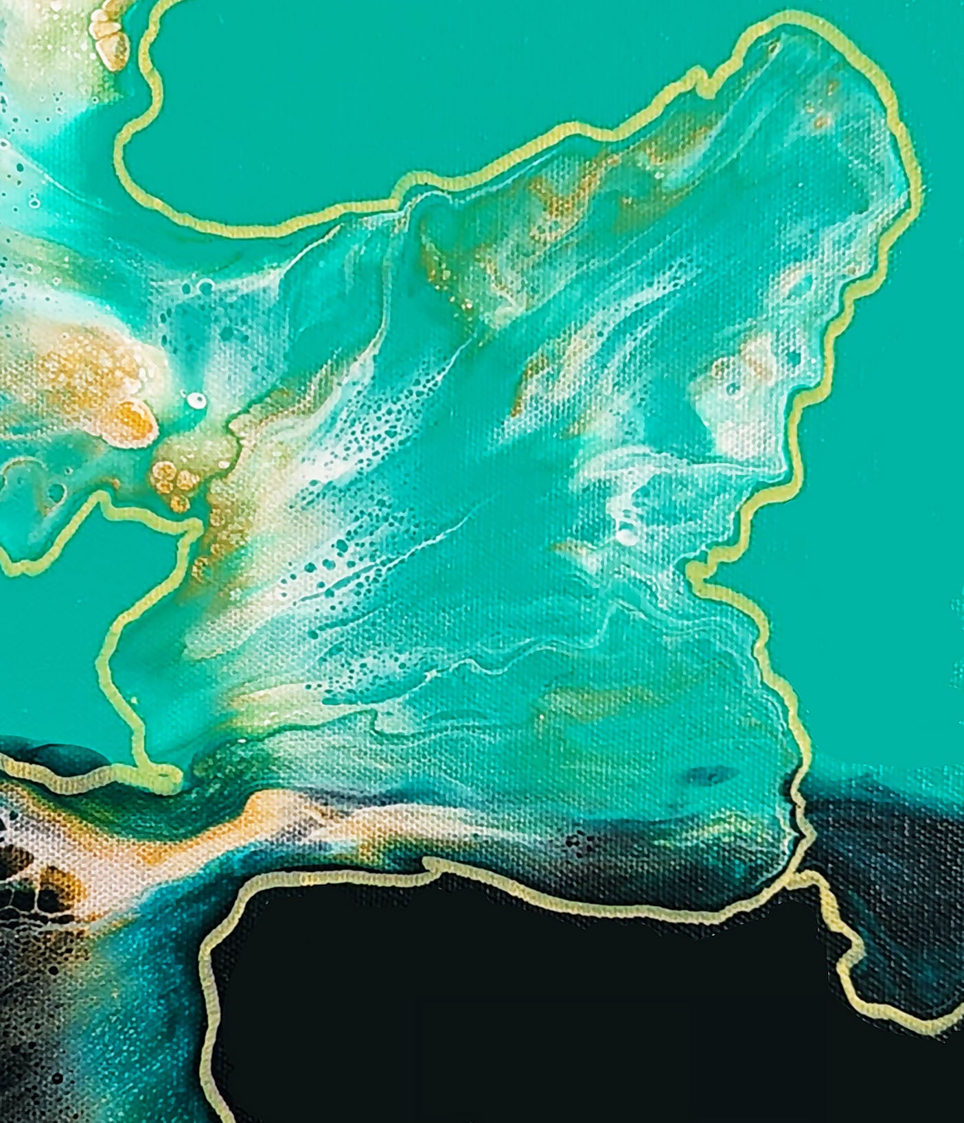 Detail of abstract fluid art with turquoise, black, and gold highlights, showing intricate cells and layered paint effects.