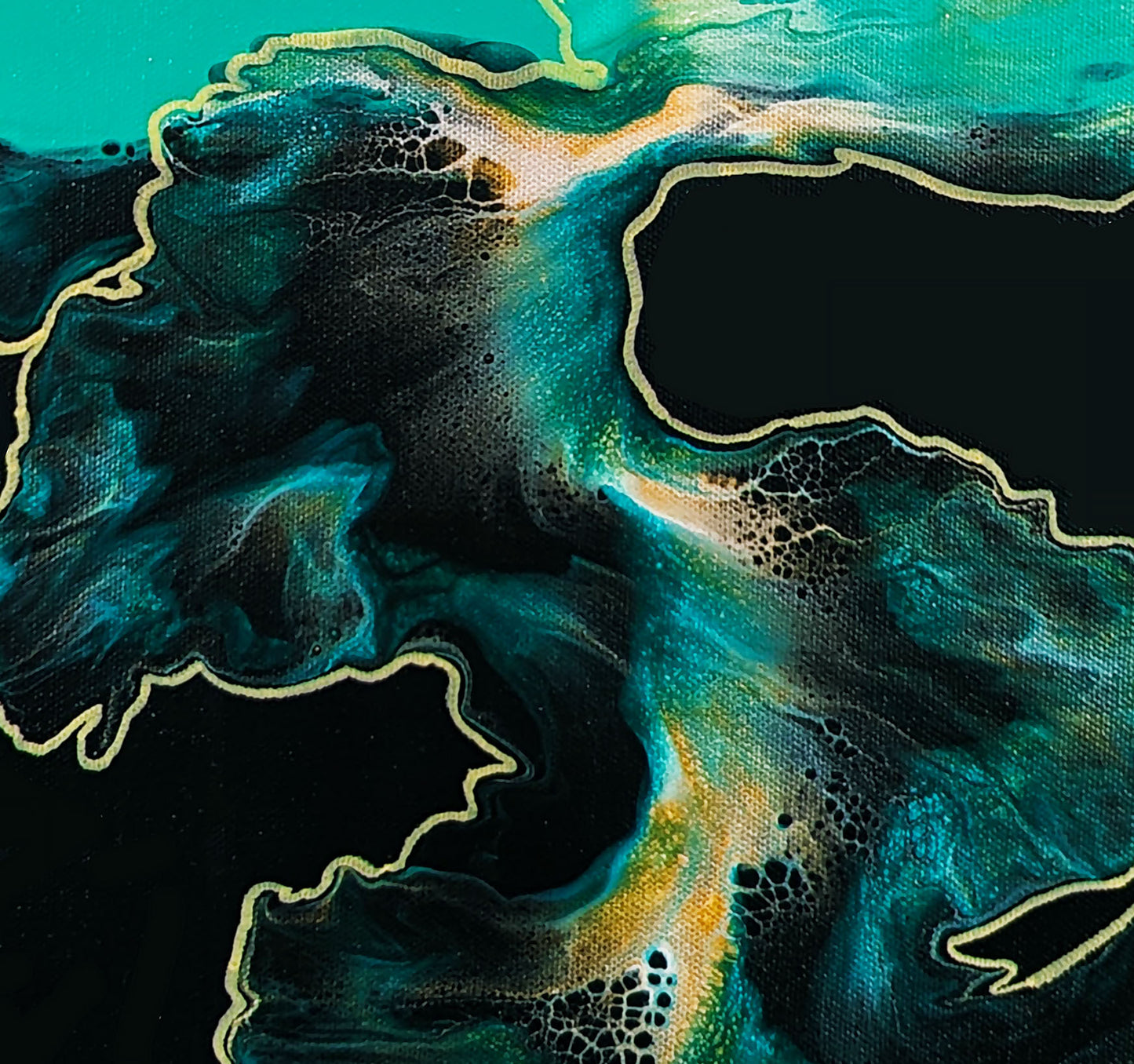 Zoomed-in view of teal and black fluid art composition with metallic gold accents, showcasing organic textures and movement.