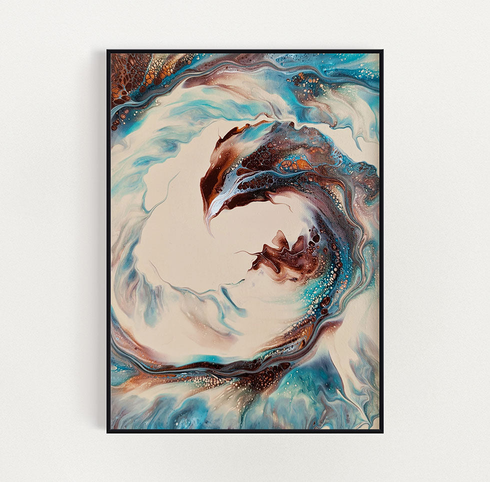 A straight-on view of the collector’s edition “Phoenix” painting. Swirling copper, turquoise, and ivory tones resemble a phoenix rising within a spiral of movement, set in a thin black frame against a white background.
