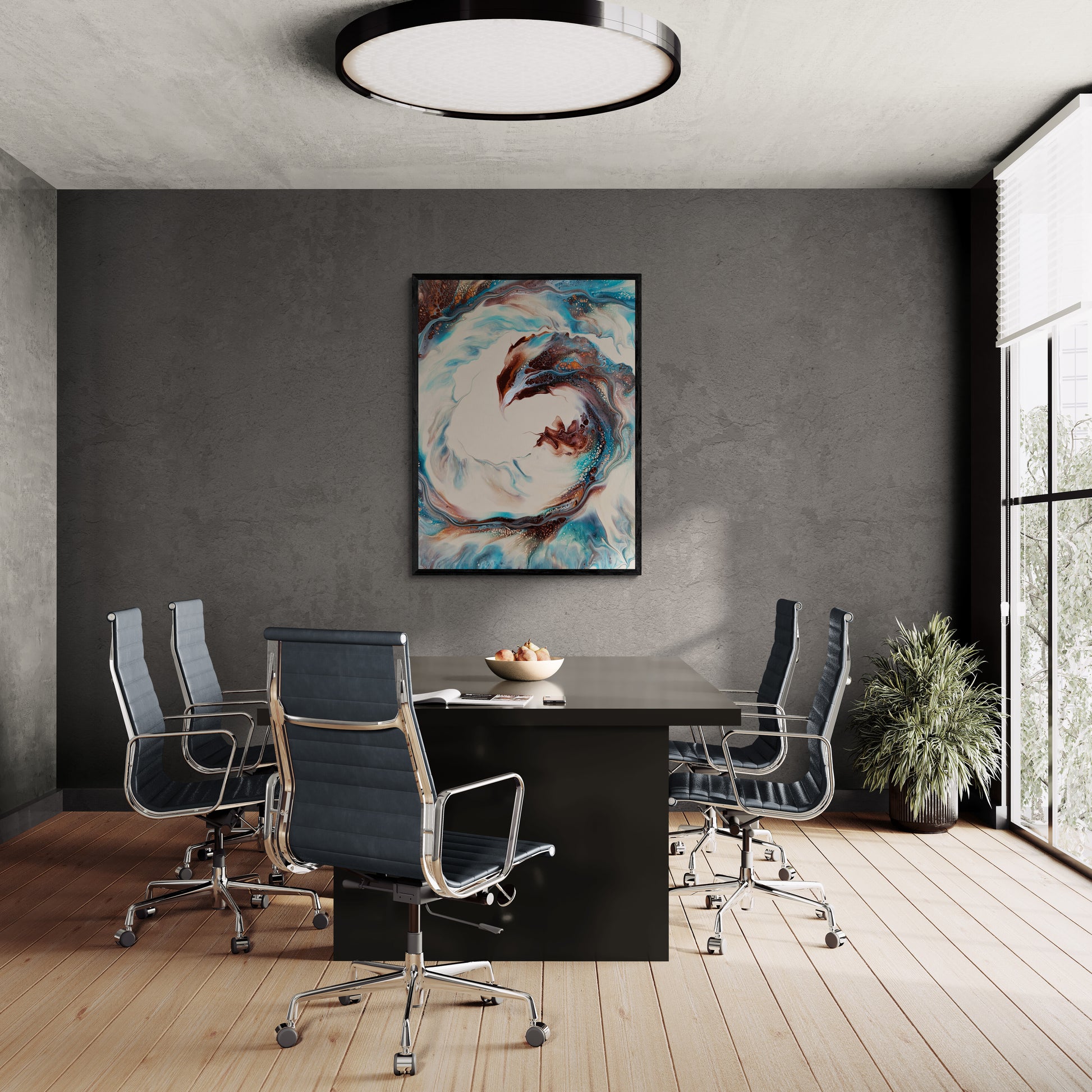 The collector’s edition print of “Phoenix” hangs in a modern conference room with gray walls and sleek black chairs. The swirling flame-like forms bring warmth and intensity into the minimalist office setting.