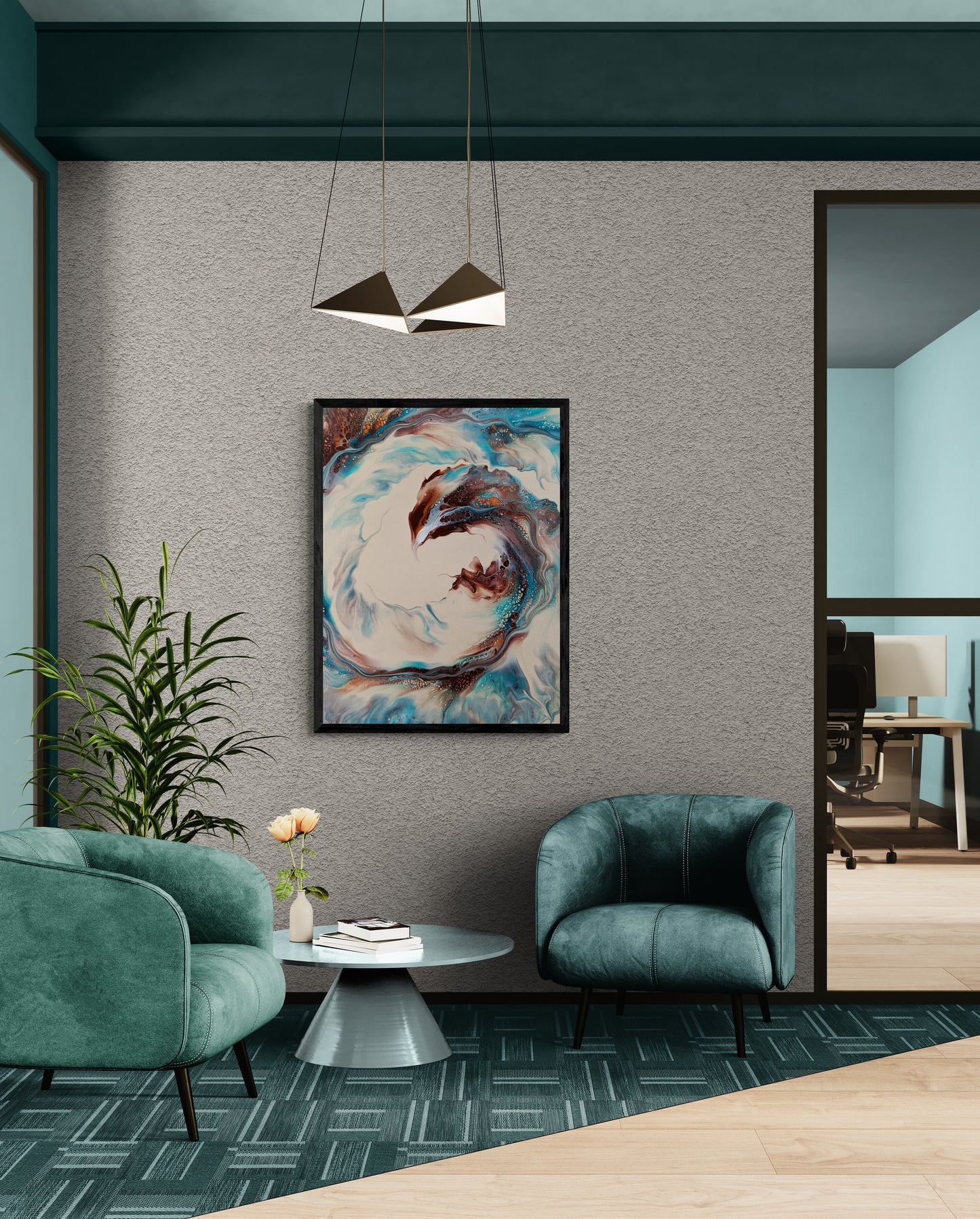 “Phoenix” is framed and displayed in a modern lounge with teal velvet chairs and a round table. The artwork’s sweeping turquoise and copper movement adds energy and elegance to the contemporary space.