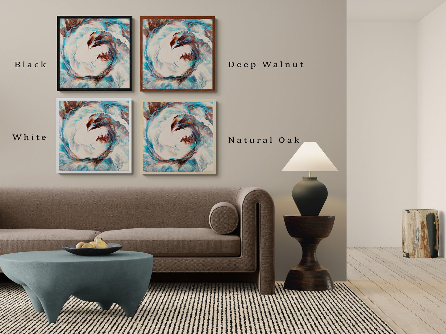 The print “Phoenix” is displayed in four frame colors: Black, Deep Walnut, White, and Natural Oak. The artwork features a swirling mix of brown, copper tones, turquoise blues, and soft tan, evoking the energy of rebirth and transformation.