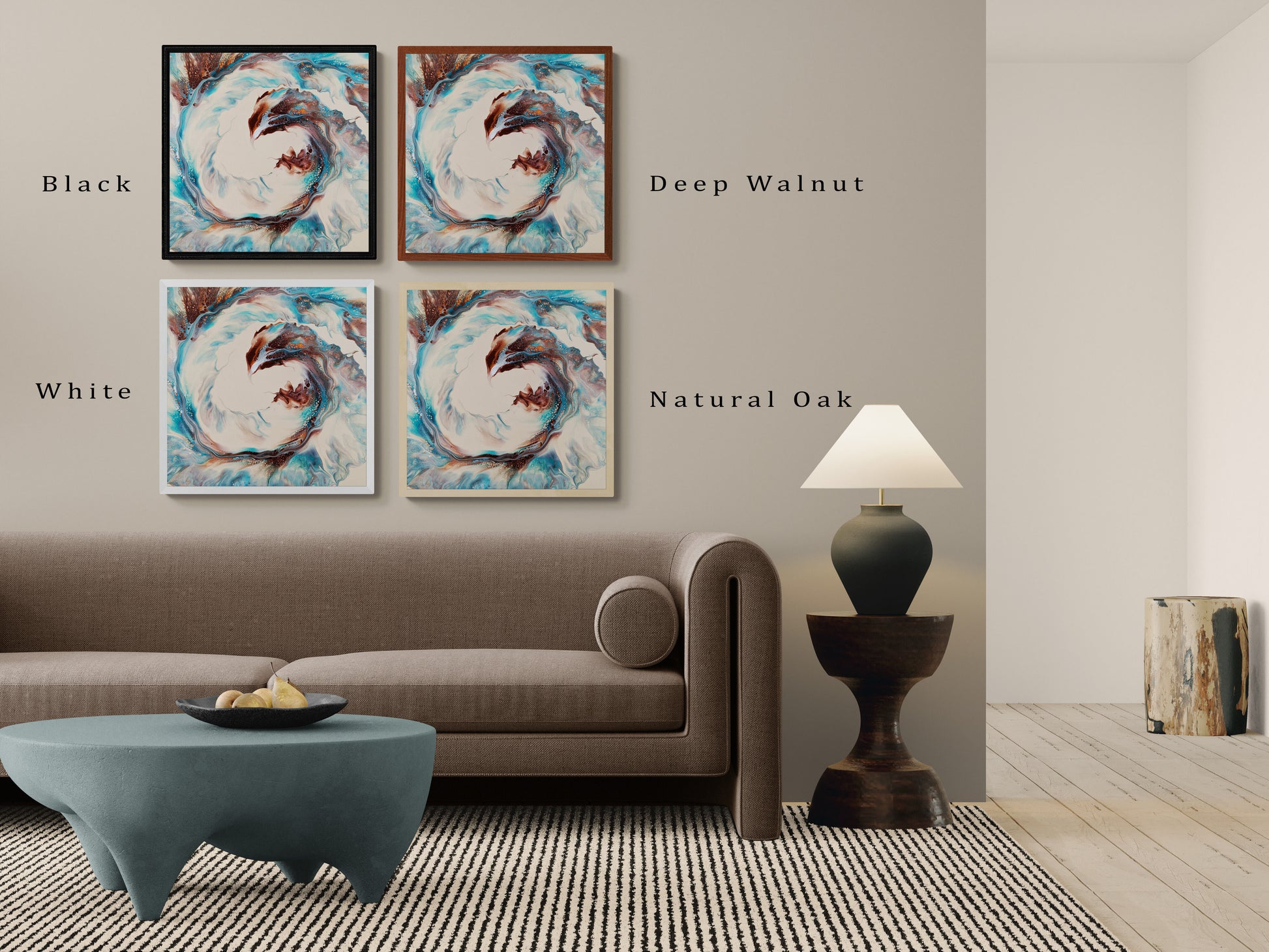 The print “Phoenix” is displayed in four frame colors: Black, Deep Walnut, White, and Natural Oak. The artwork features a swirling mix of brown, copper tones, turquoise blues, and soft tan, evoking the energy of rebirth and transformation.