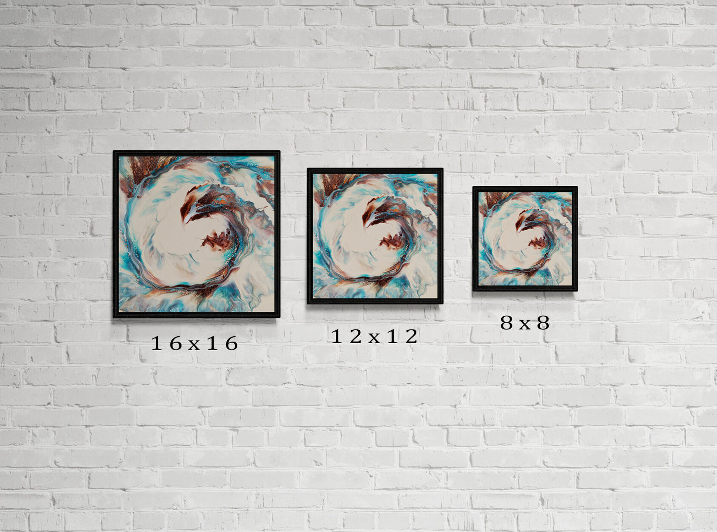 Three framed prints of “Phoenix” are shown side by side in sizes 16x16, 12x12, and 8x8 inches. The abstract composition of brown,turqoise, and cream hues spirals outward, resembling a burst of energy or a rising flame.