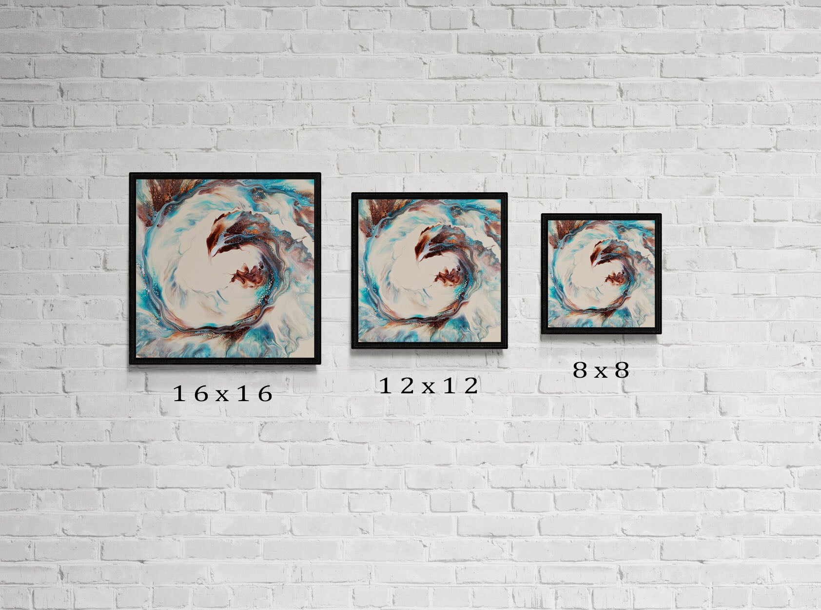 Three framed prints of “Phoenix” are shown side by side in sizes 16x16, 12x12, and 8x8 inches. The abstract composition of brown,turqoise, and cream hues spirals outward, resembling a burst of energy or a rising flame.