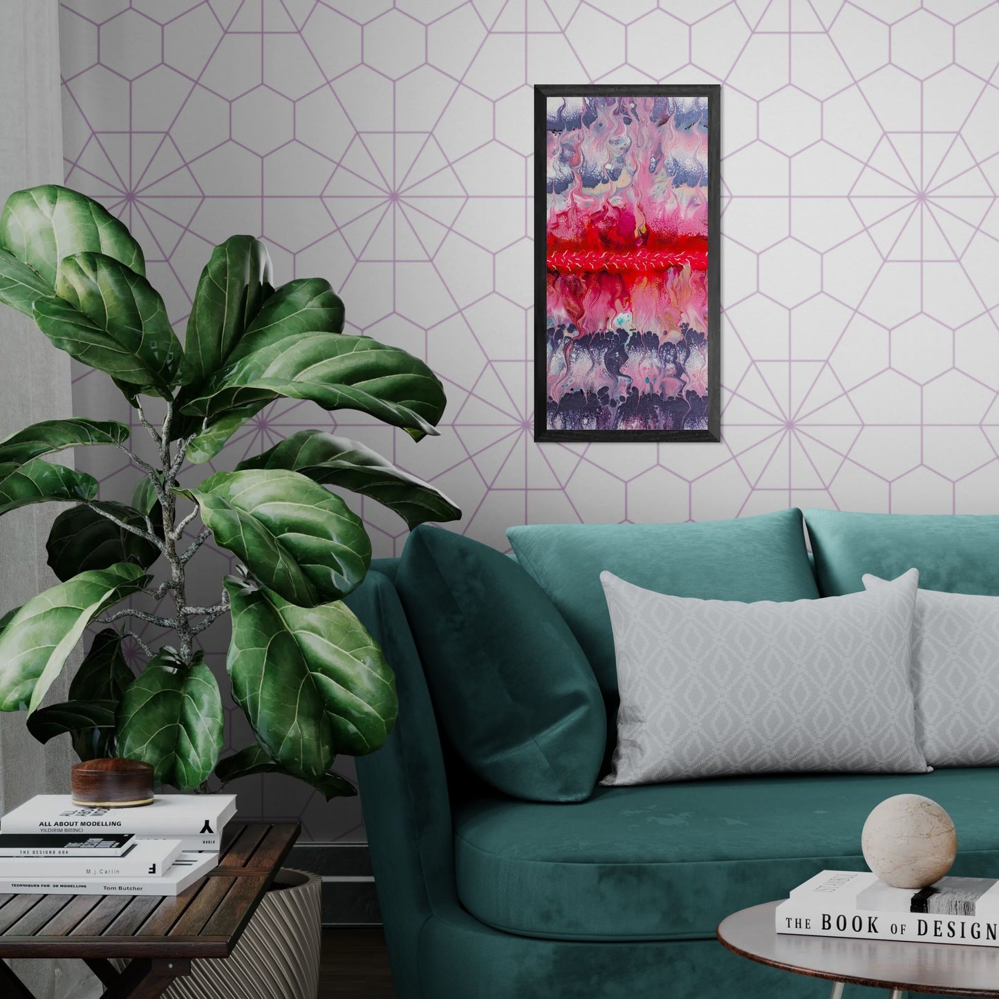 Framed vertical abstract painting with vibrant pink, purple hues displayed on a light geometric wallpapered wall above a teal couch with light gray pillows and a nearby fiddle leaf fig.