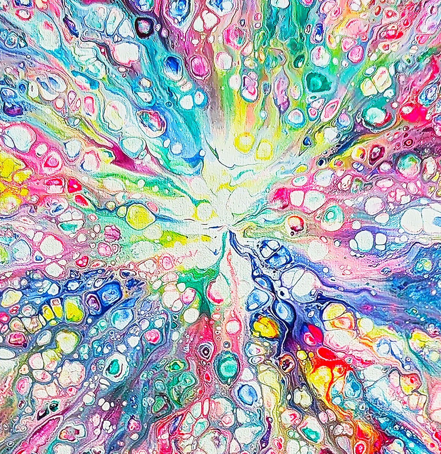 Close-up of Rainbow Dragon acrylic fluid art, showcasing vibrant rainbow paint cells with yellow, green, pink, and blue highlights.