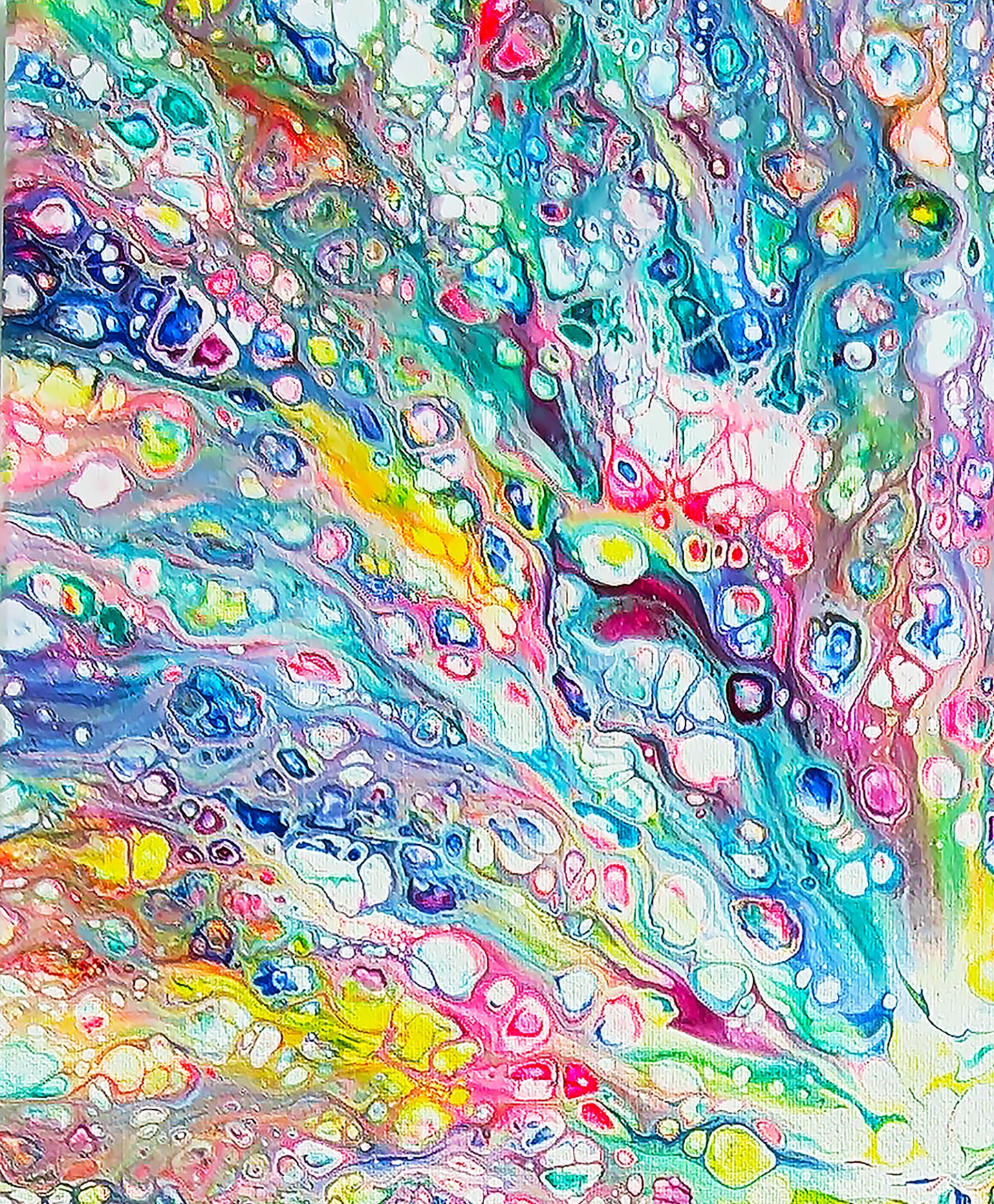 Detailed section of Rainbow Dragon fluid art painting, featuring radiant rainbow lacing and layered paint cells in pink, teal, and yellow