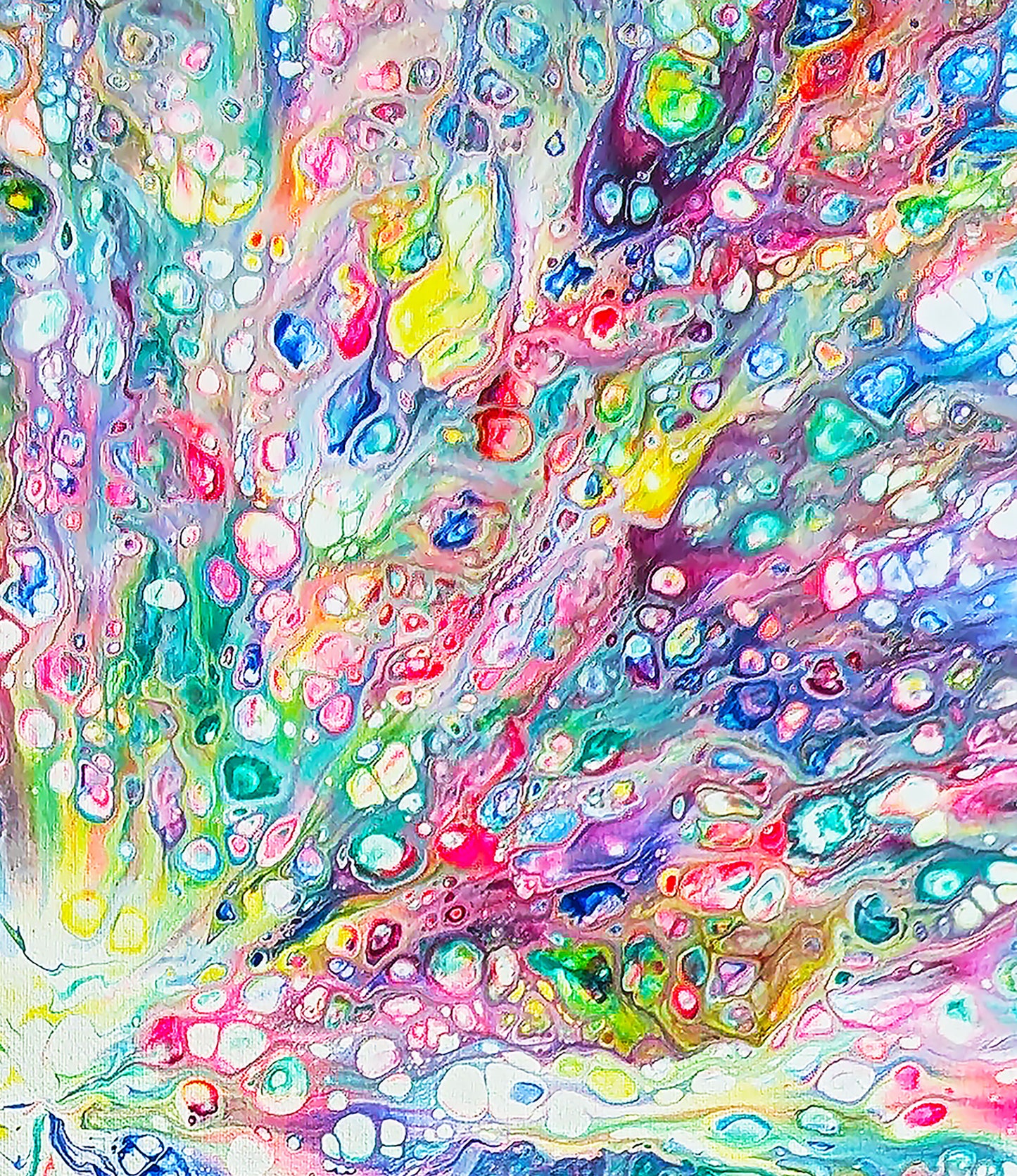 Macro view of Rainbow Dragon artwork, highlighting bold rainbow textures with organic flowing cell patterns.