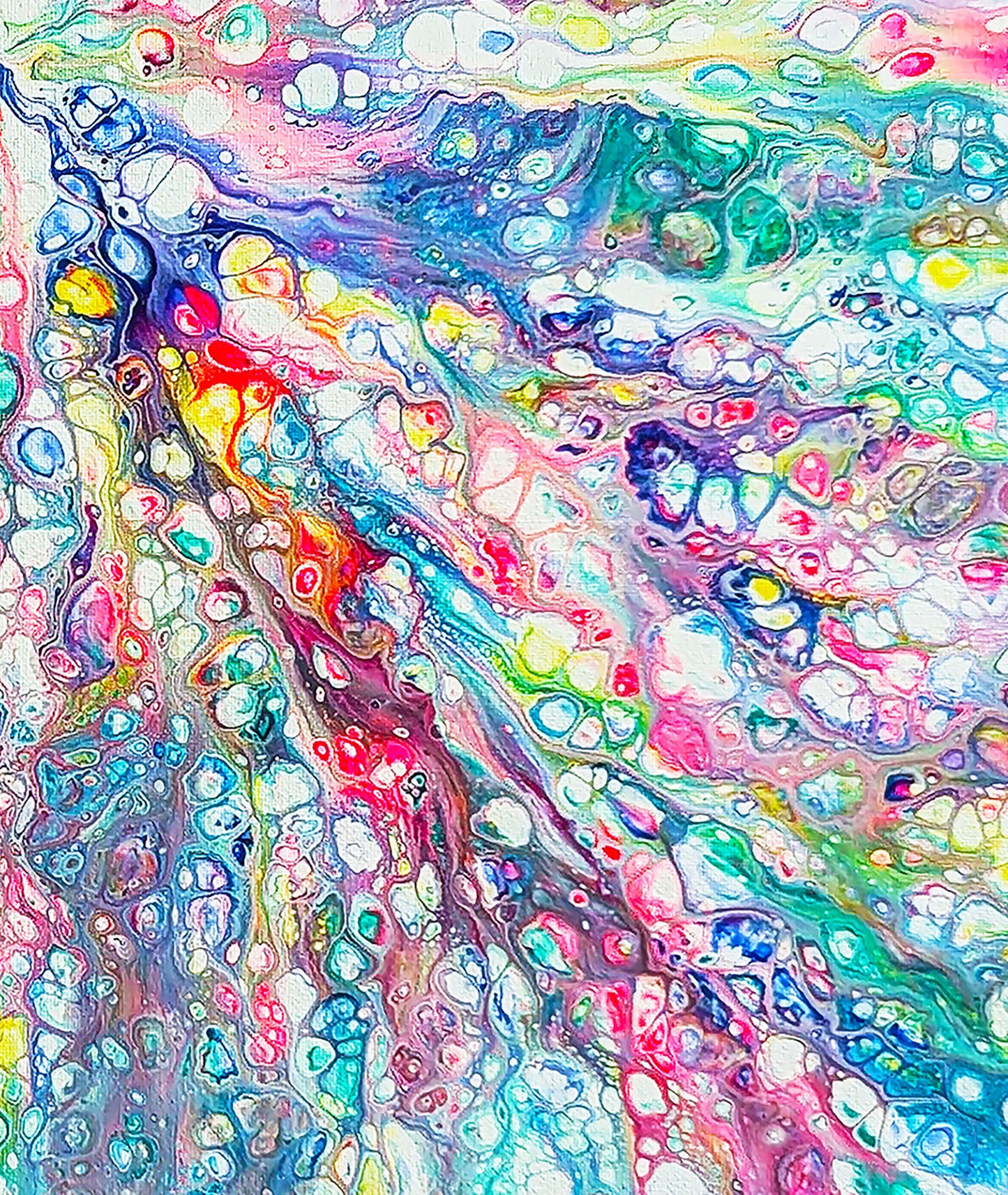 Zoomed-in detail of Rainbow Dragon fluid acrylic art showing neon rainbow colors blending in intricate abstract designs.