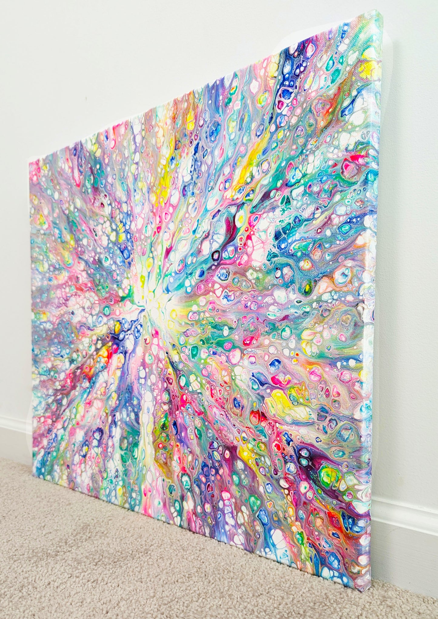 Alternate side view of Rainbow Dragon acrylic fluid art painting, highlighting colorful cells and dynamic layering across the canvas.