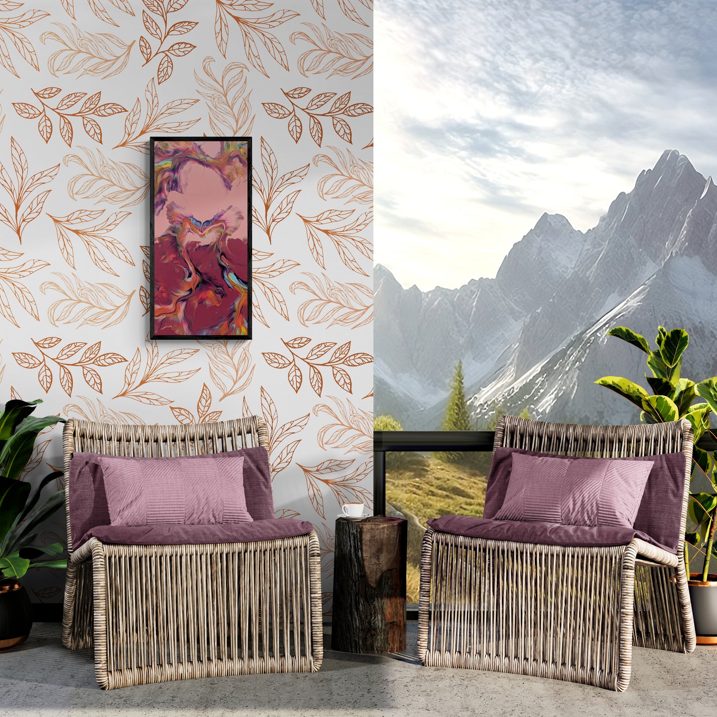Framed abstract painting in soft rose and plum tones displayed above two woven chairs with mauve cushions, set in front of a wall with copper leaf-patterned wallpaper and a large window revealing a mountain view.