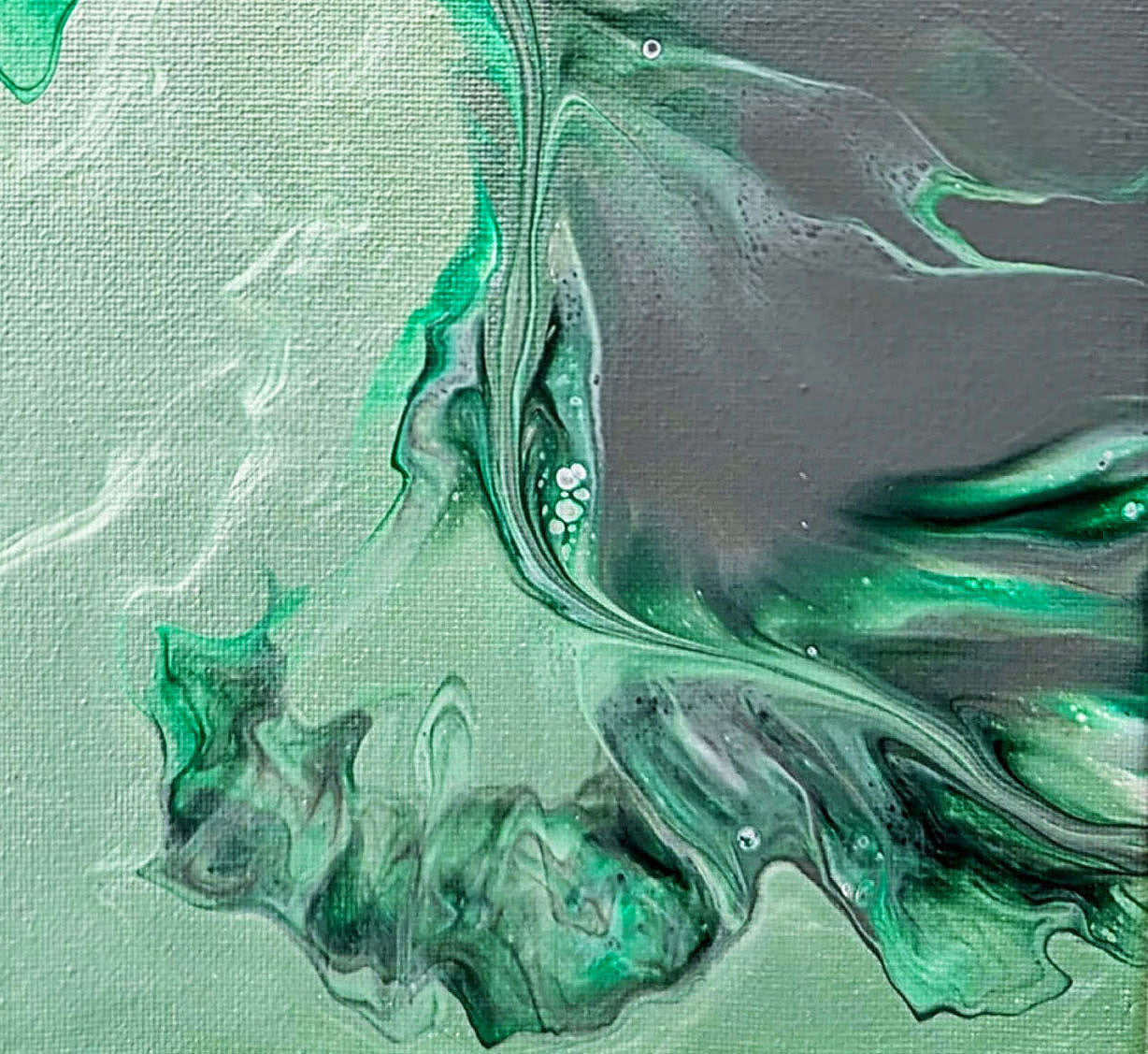 Detail of Sea Glass abstract fluid art print, highlighting swirling teal and gray tones with flowing organic patterns.