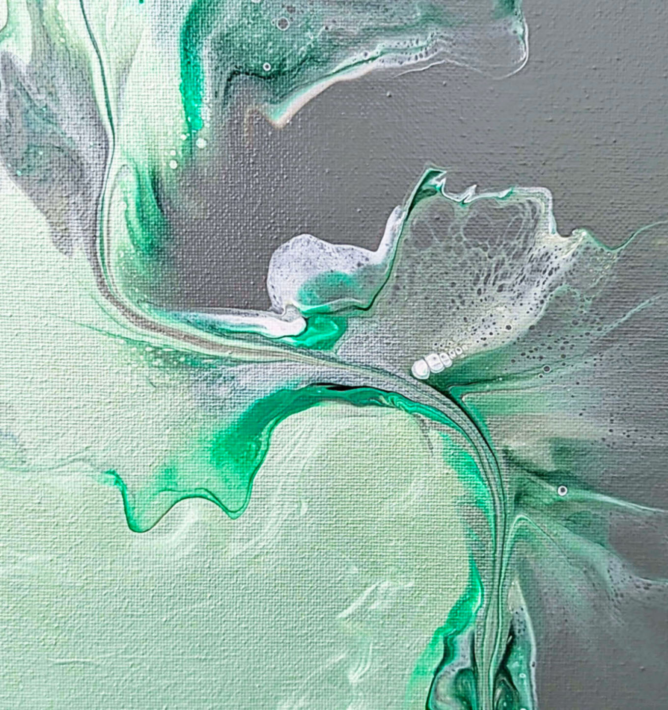Macro detail of Sea Glass fluid art, featuring layered greens, silvers, and soft cell-like textures against a smooth background.
