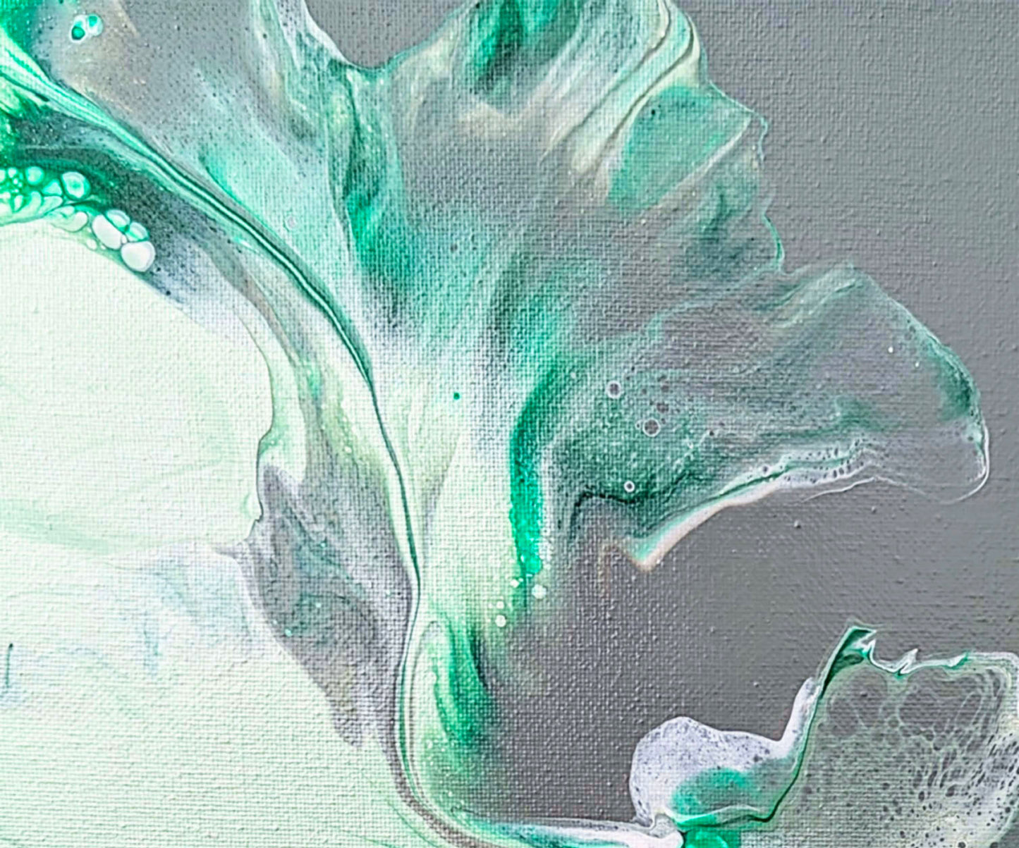 Close-up section of Sea Glass painting, showing blended teal, aqua, and gray hues with fluid movement and subtle depth.