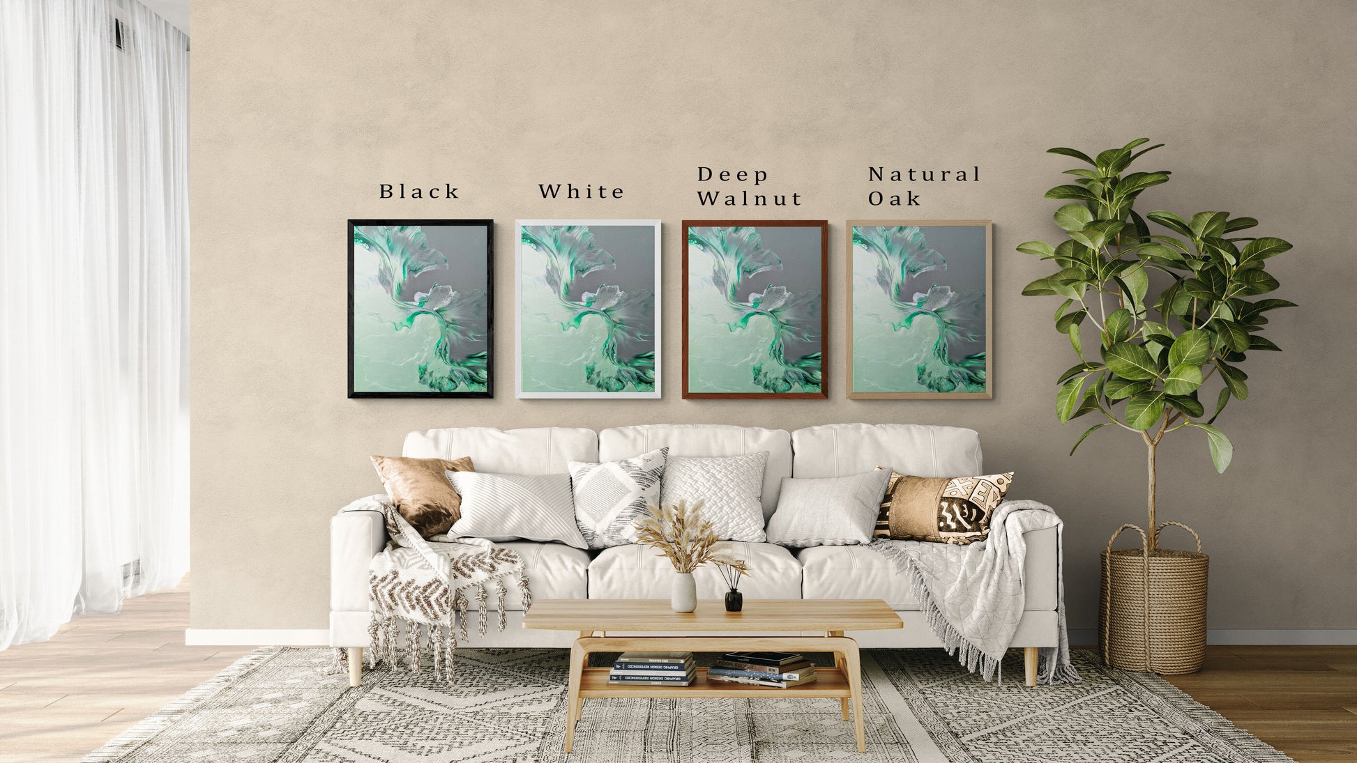 Four framed prints of Abby May Art’s “Sea Glass” fluid painting above a cream sofa. The artwork features calming teal, mint green, and soft gray swirls. Each frame shows a different option—Black, White, Deep Walnut, and Natural Oak—labeled above to compare framing styles in a living room setting.