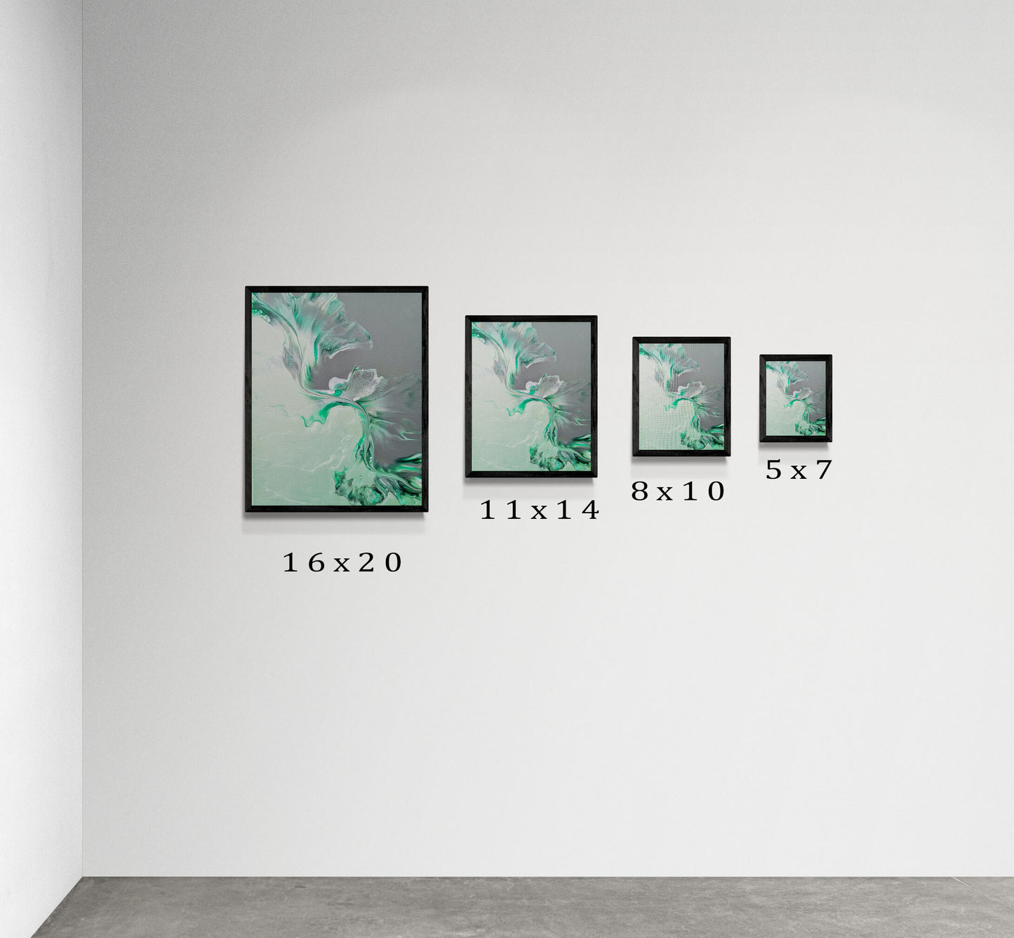 Side-by-side display of Abby May Art’s “Sea Glass” painting in four sizes—16x20, 11x14, 8x10, and 5x7—each framed in black and shown on a white wall. The artwork features fluid teal and gray movement, and size labels underneath help viewers compare scale.