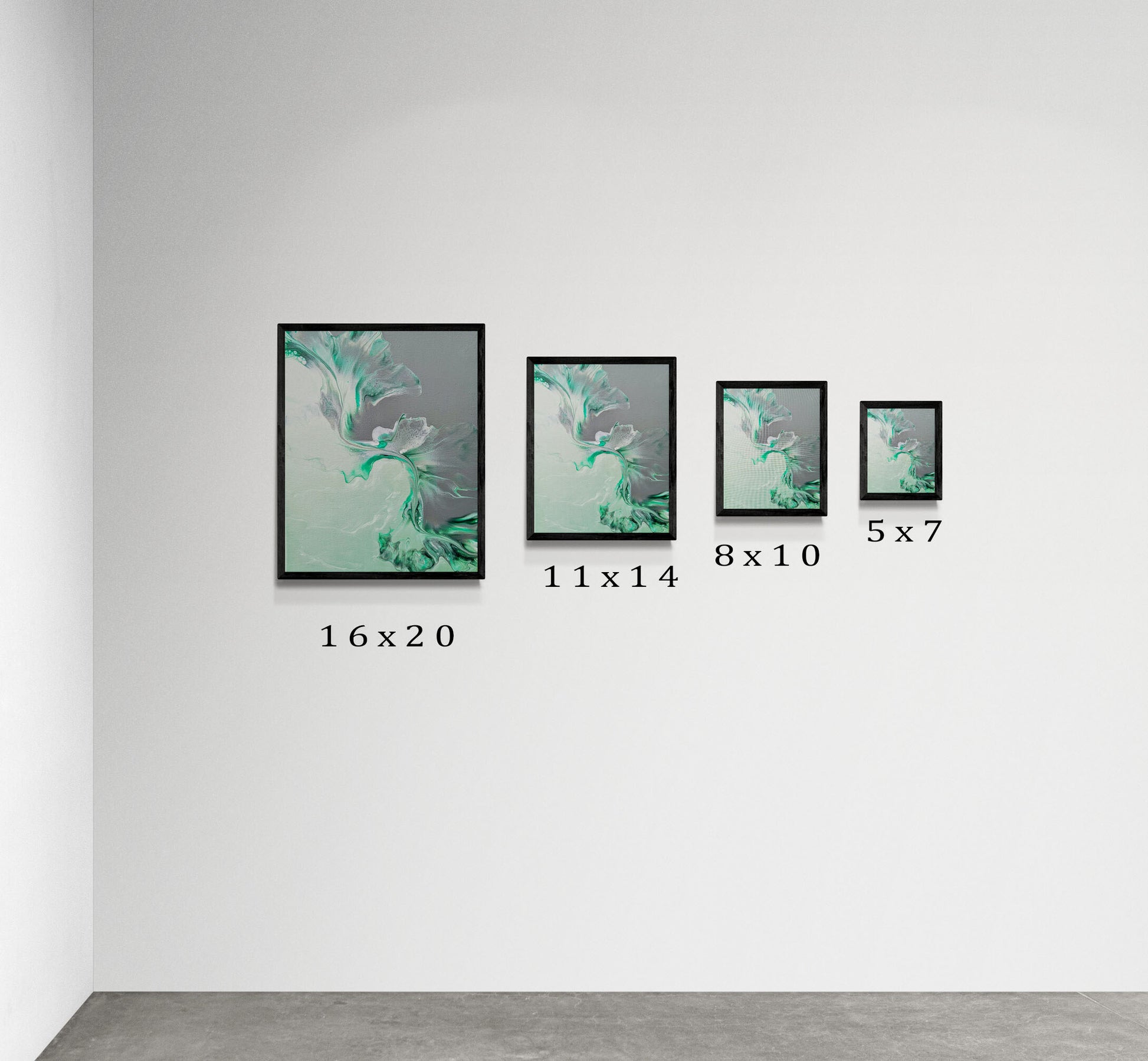Side-by-side display of Abby May Art’s “Sea Glass” painting in four sizes—16x20, 11x14, 8x10, and 5x7—each framed in black and shown on a white wall. The artwork features fluid teal and gray movement, and size labels underneath help viewers compare scale.