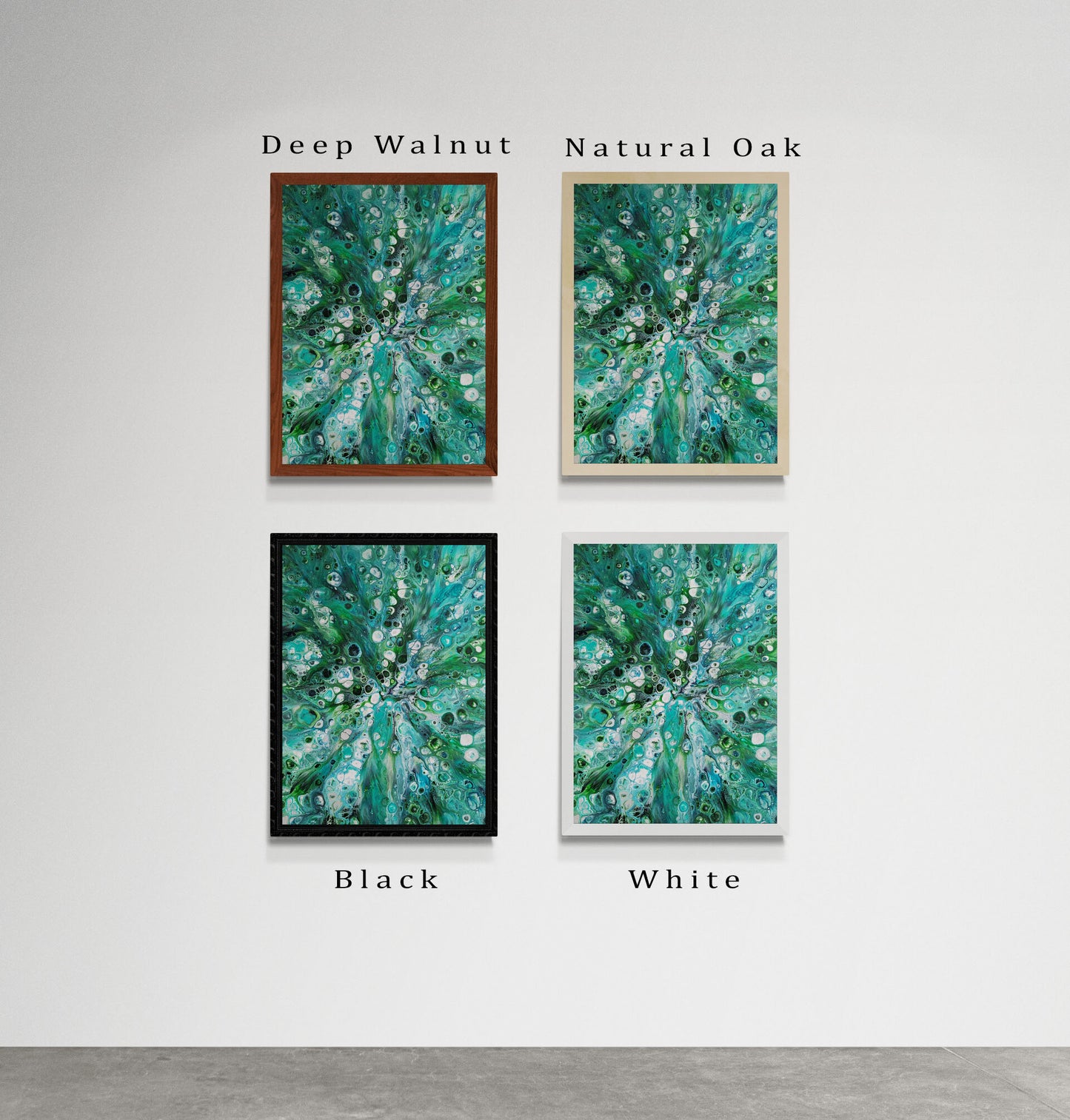The painting “Sea Maiden” is shown in four different frame colors: Deep Walnut, Natural Oak, Black, and White. The artwork’s fluid teal, aqua, and white tones contrast beautifully with each frame, allowing buyers to visualize their preferred style.
