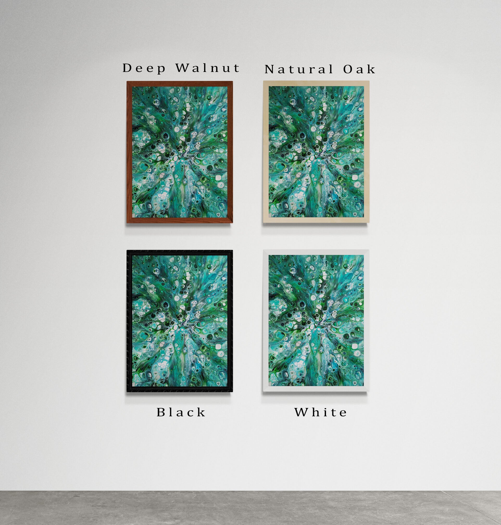 The painting “Sea Maiden” is shown in four different frame colors: Deep Walnut, Natural Oak, Black, and White. The artwork’s fluid teal, aqua, and white tones contrast beautifully with each frame, allowing buyers to visualize their preferred style.