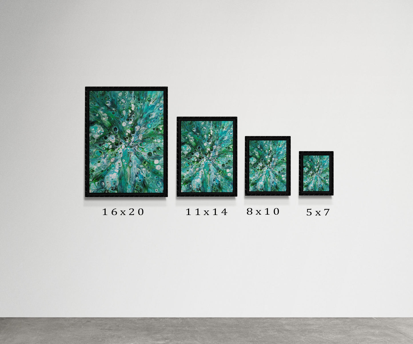 Four framed prints of the painting “Sea Maiden” are displayed side by side in sizes 16x20, 11x14, 8x10, and 5x7 inches. The artwork features swirling shades of teal, turquoise, and white, creating the look of an underwater current or ocean bloom.
