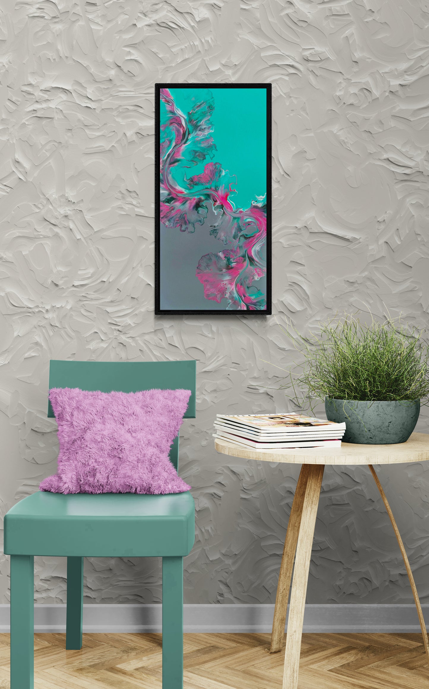 Framed abstract painting “Slow Ascent” hanging above a green chair with a lavender pillow and a modern wood table with a potted plant.