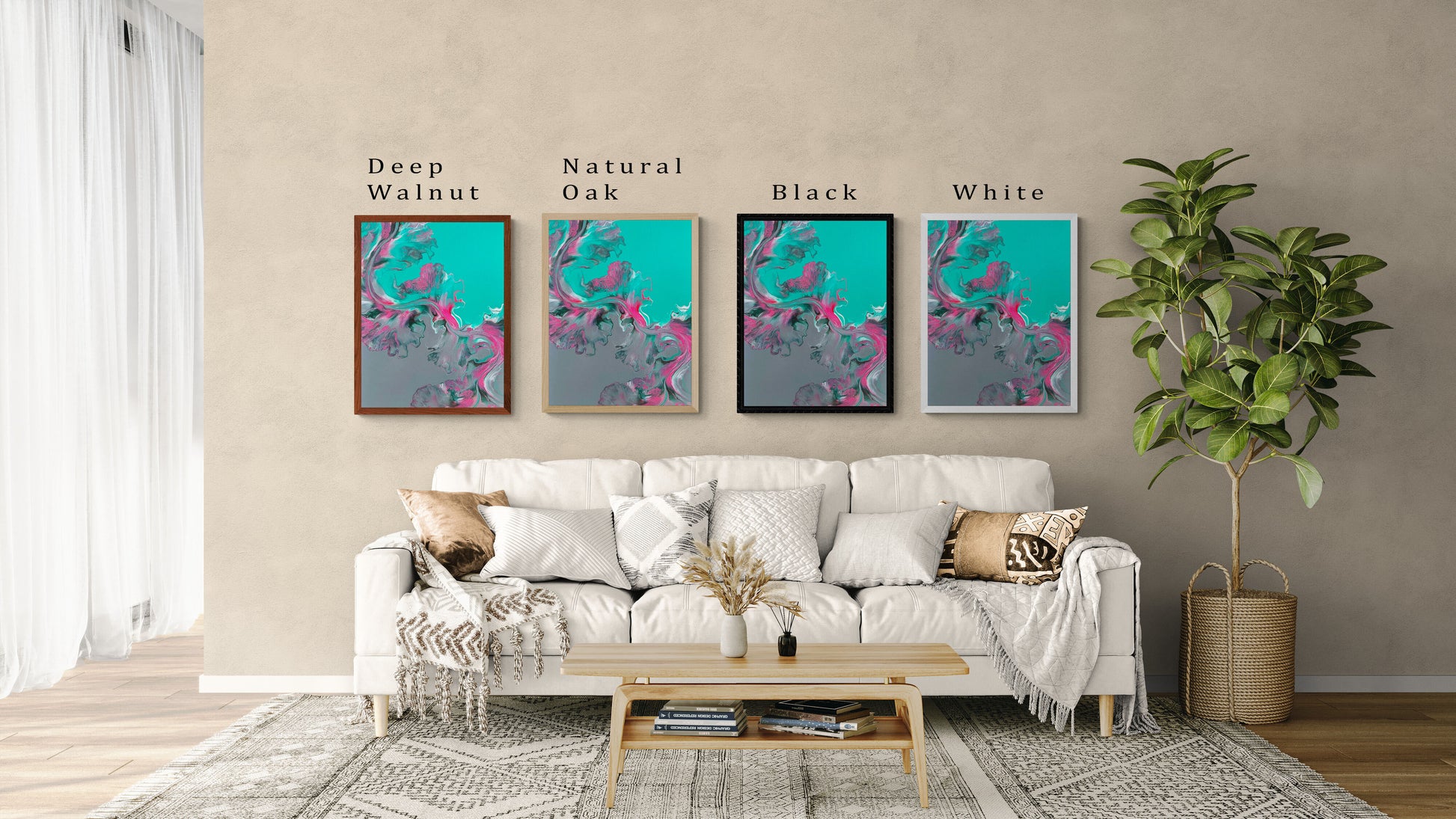 Four framed prints of Abby May Art’s painting “Slow Ascent” displayed above a cream sofa in a modern living room. The artwork features dreamy teal, magenta, and gray fluid movement that flows upward like mist or rising smoke. Each frame shows a different color option—Deep Walnut, Natural Oak, Black, and White—with labels above each. Neutral throw pillows, cozy blankets, a wooden coffee table, and a potted plant help viewers imagine how the artwork looks in a home setting.