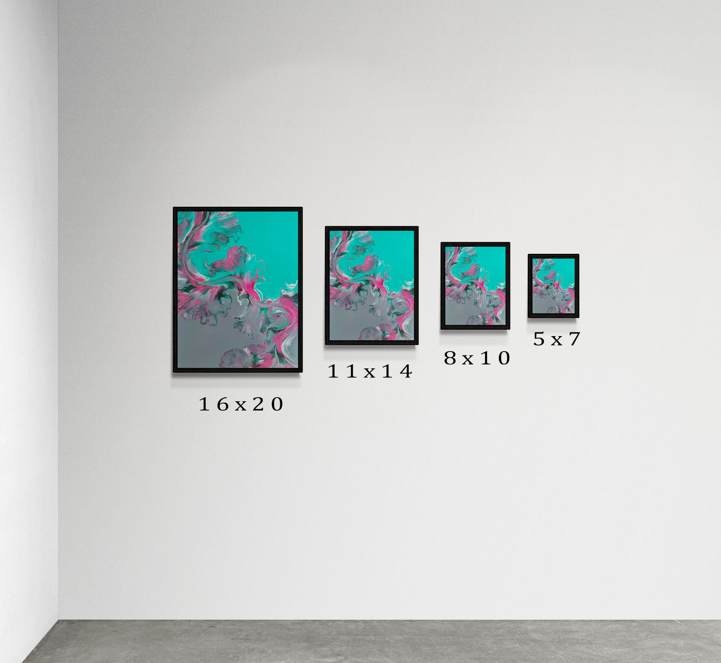 Side-by-side comparison of Abby May Art’s “Slow Ascent” painting in four print sizes—16x20, 11x14, 8x10, and 5x7—each in a black frame on a minimalist white wall. The artwork features soft teal and gray tones with fluid magenta accents flowing upward. Size labels are shown below each frame to help viewers visualize scale.