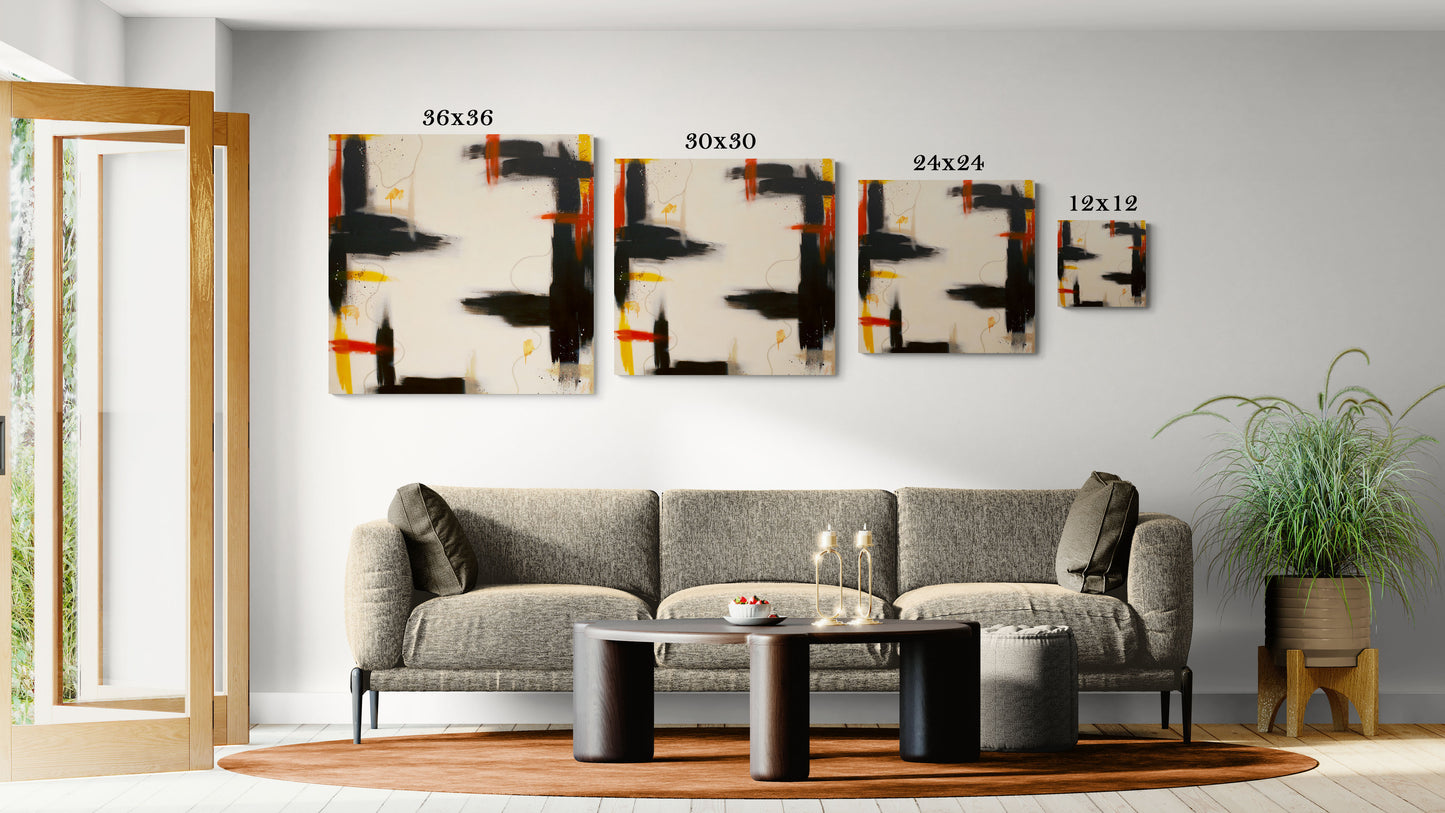A size comparison guide for a square contemporary abstract canvas print shown in four sizes: 12x12, 24x24, 30x30, and 36x36, displayed on a white wall above a modern grey sofa and a round wooden coffee table in a bright living room.