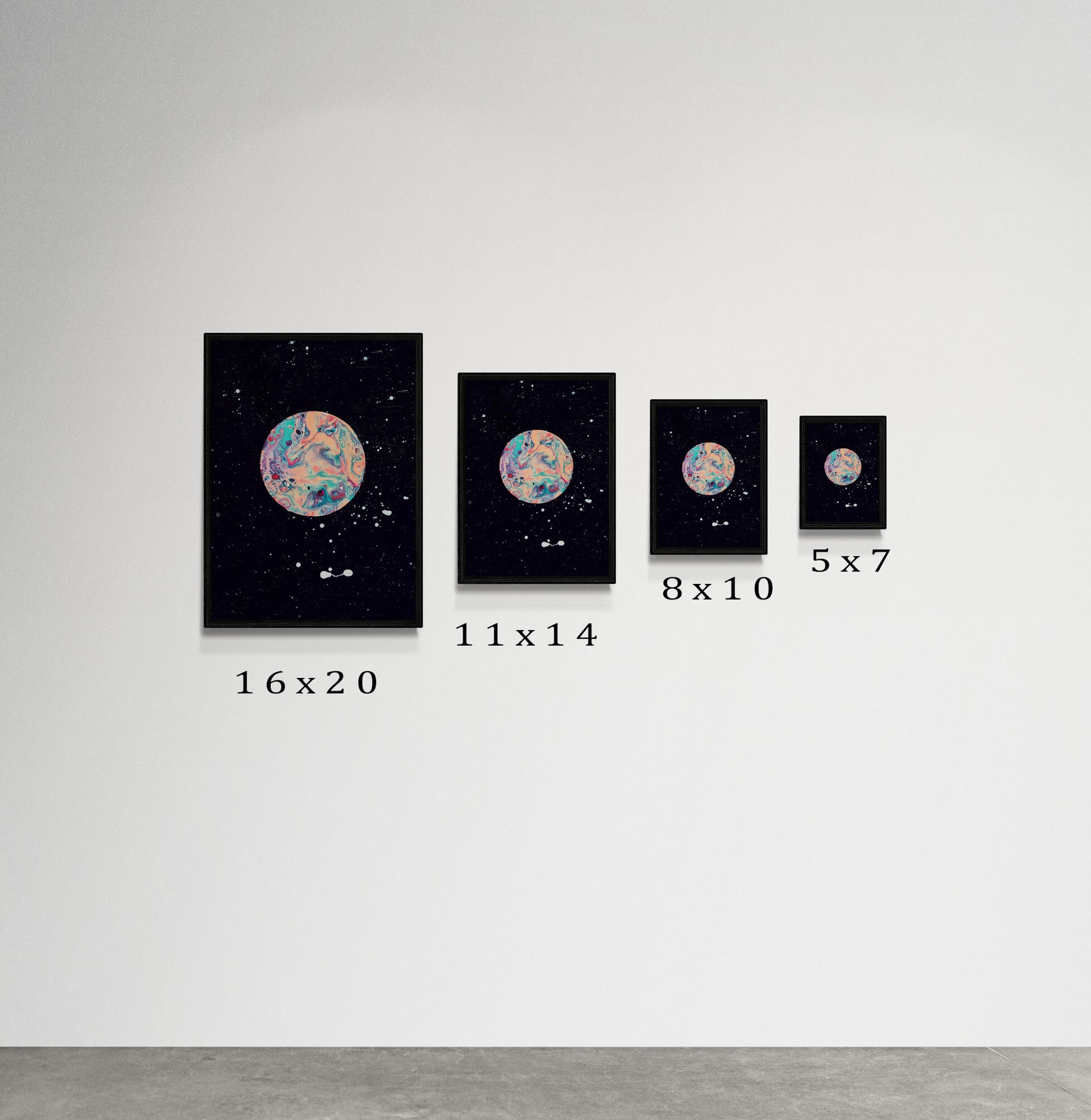 Side-by-side comparison of Abby May Art’s “Strawberry Moon” painting in four sizes—16x20, 11x14, 8x10, and 5x7—each in a black frame. The artwork shows a pink and pastel-colored swirling moon floating in a black starry space. The prints are arranged on a minimalist white wall, with size labels below each frame to demonstrate scale.