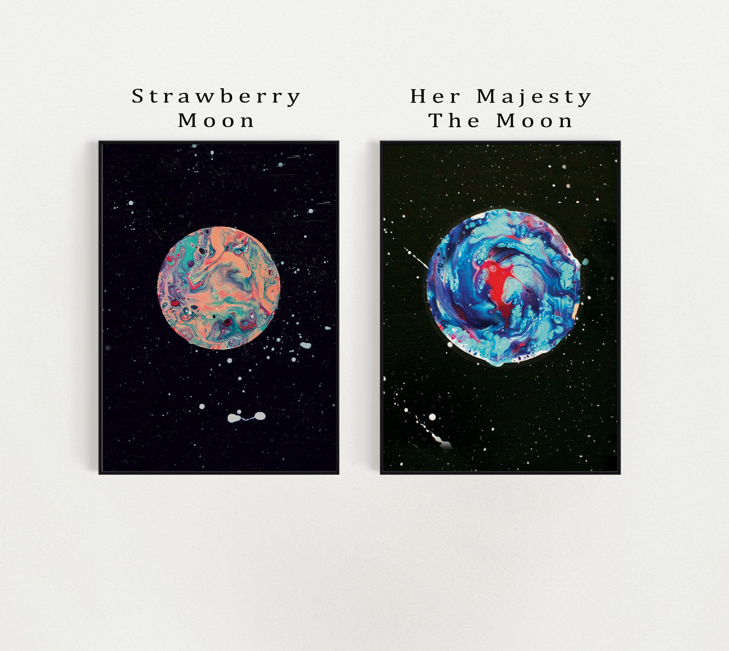 Labeled image of Strawberry Moon and Her Majesty The Moon prints with identifying titles above each artwork; pinks and blues swirl against dark cosmic backgrounds.