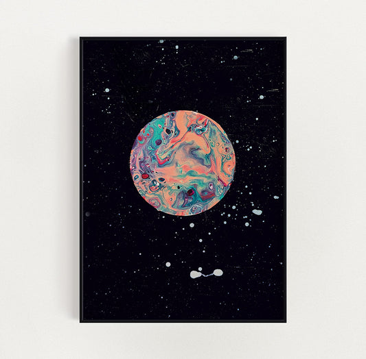 Strawberry Moon abstract art print featuring pink, and teal tones on a black background, shown in a black frame