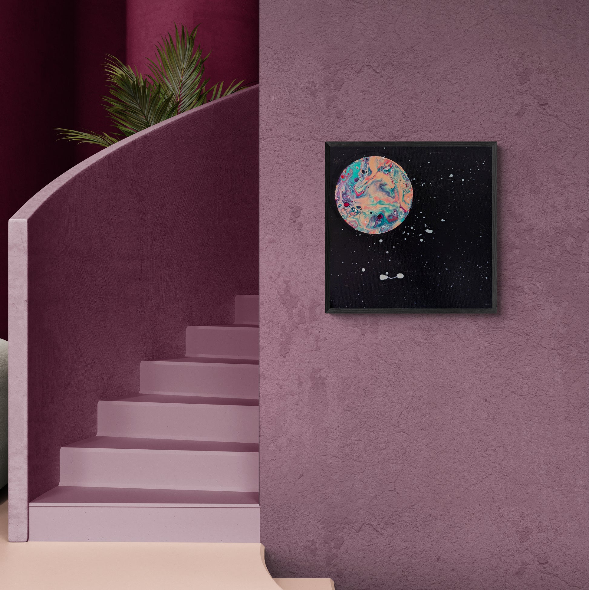 Strawberry Moon original painting hung on a pink textured wall at the base of a staircase.