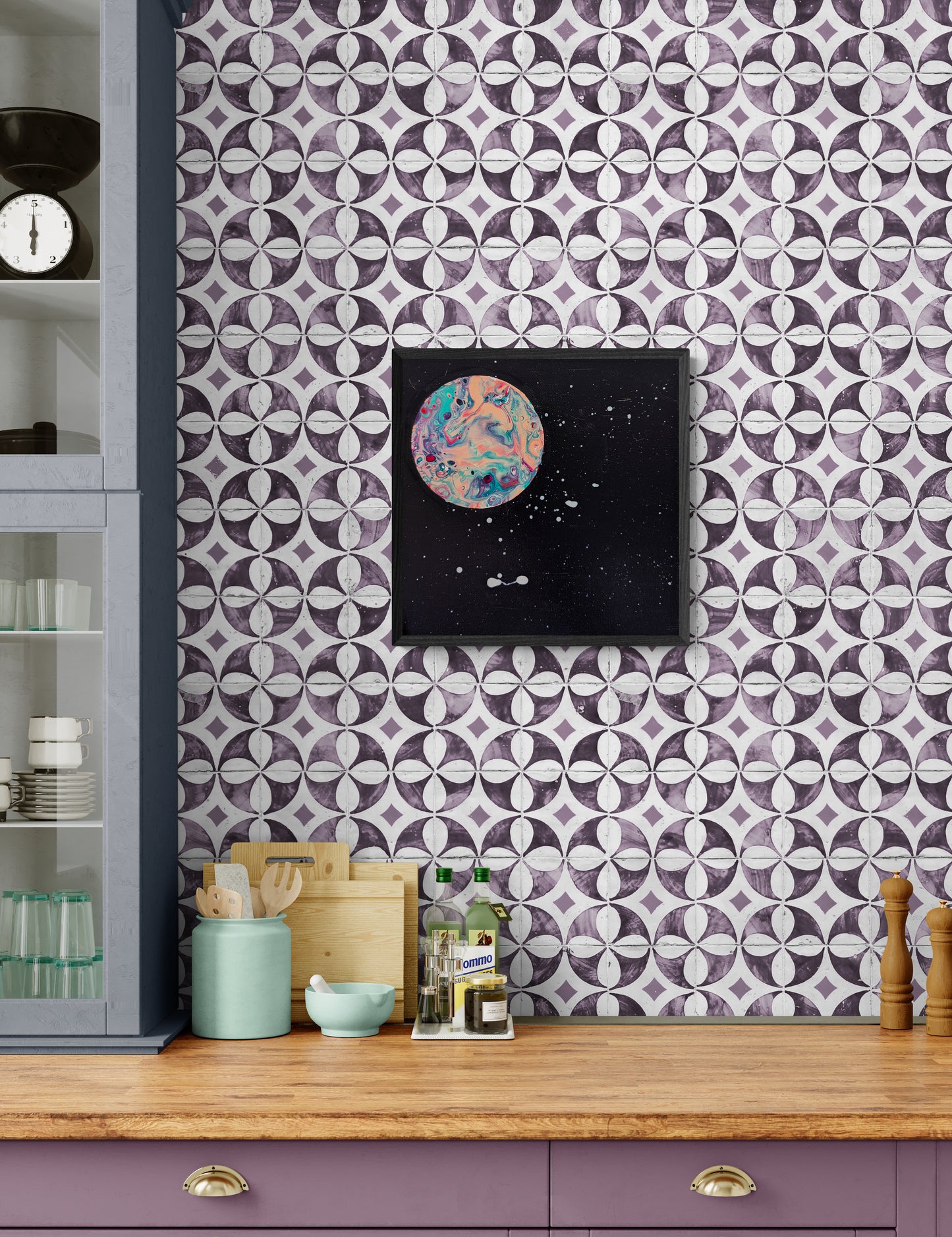 Strawberry Moon abstract painting hung in a kitchen space on a retro lavender and white patterned tile wall.