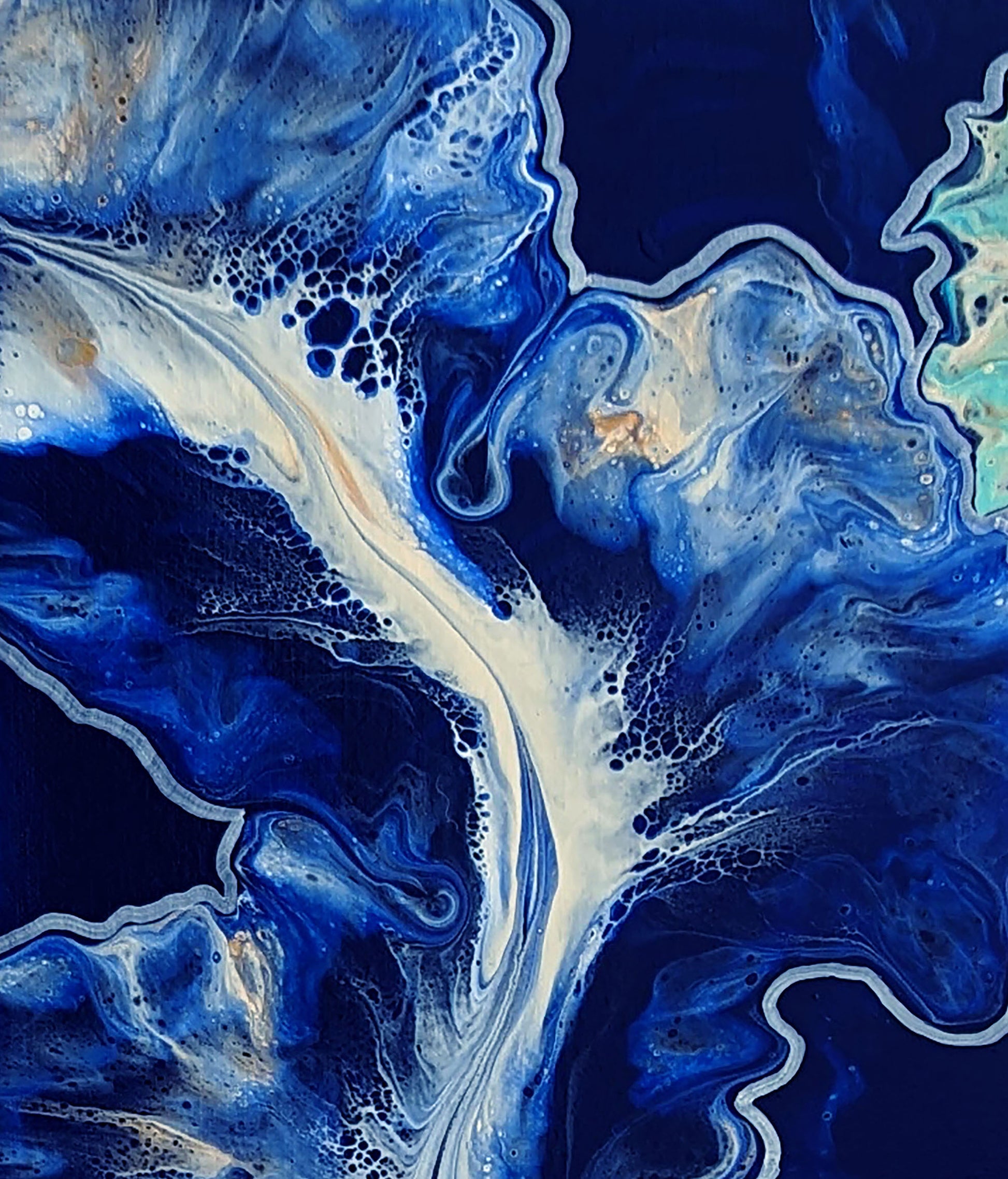 Close-up of The Fine Line – navy blue fluid art detail with delicate white lacing and soft gradients.