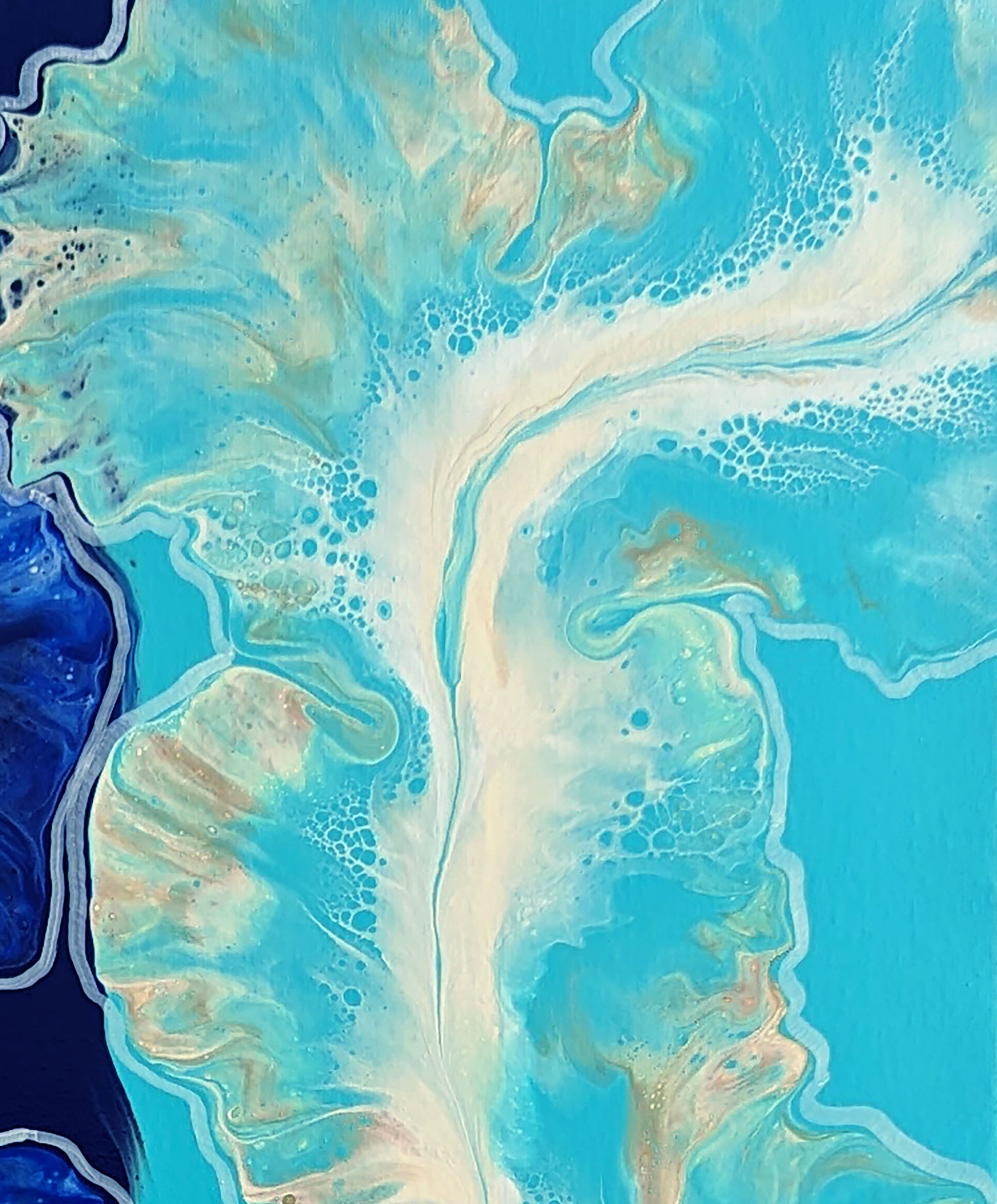Close-up of The Fine Line – turquoise and aqua fluid art section with ivory highlights and fine cell textures.