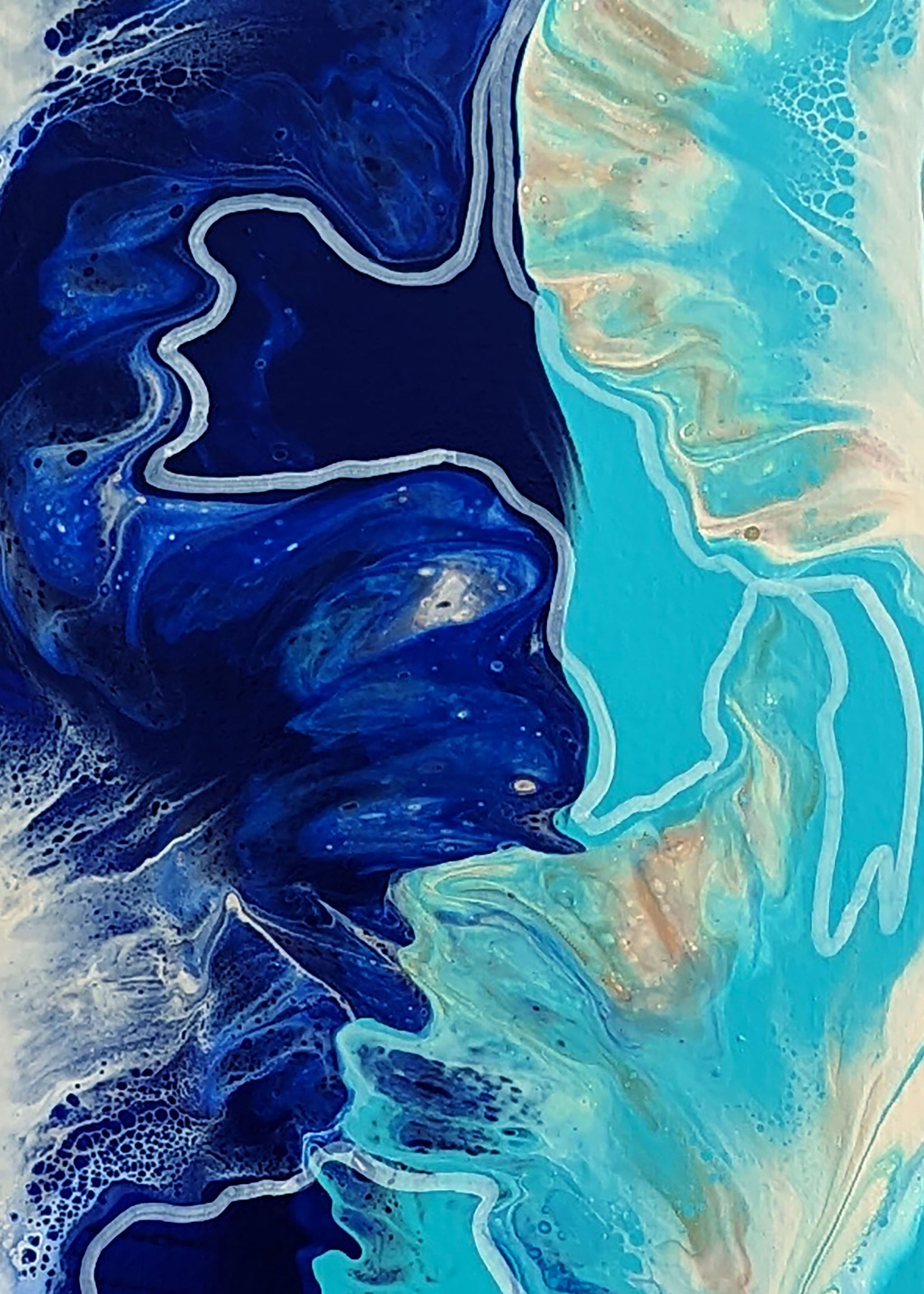 Close-up of The Fine Line – bold navy and aqua fluid art with striking white dividing line and soft movement patterns.