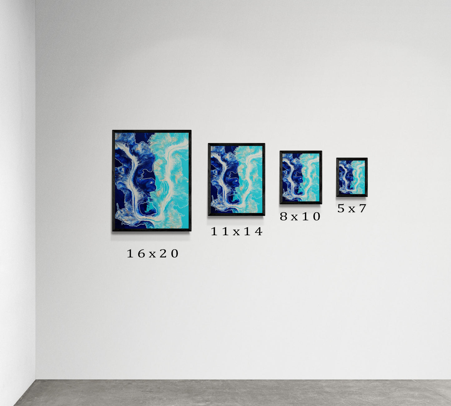 Side-by-side comparison of Abby May Art’s “The Fine Line” painting in four print sizes—16x20, 11x14, 8x10, and 5x7—each framed in black on a minimalist white wall. The artwork features swirling shades of blue, teal, and white. Size labels below each frame help viewers visualize scale.