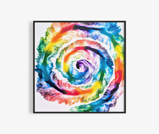 Abstract fluid painting 'There's an End to Every Storm' by Abby May Art, featuring a vibrant rainbow swirl with flowing, dynamic movement.