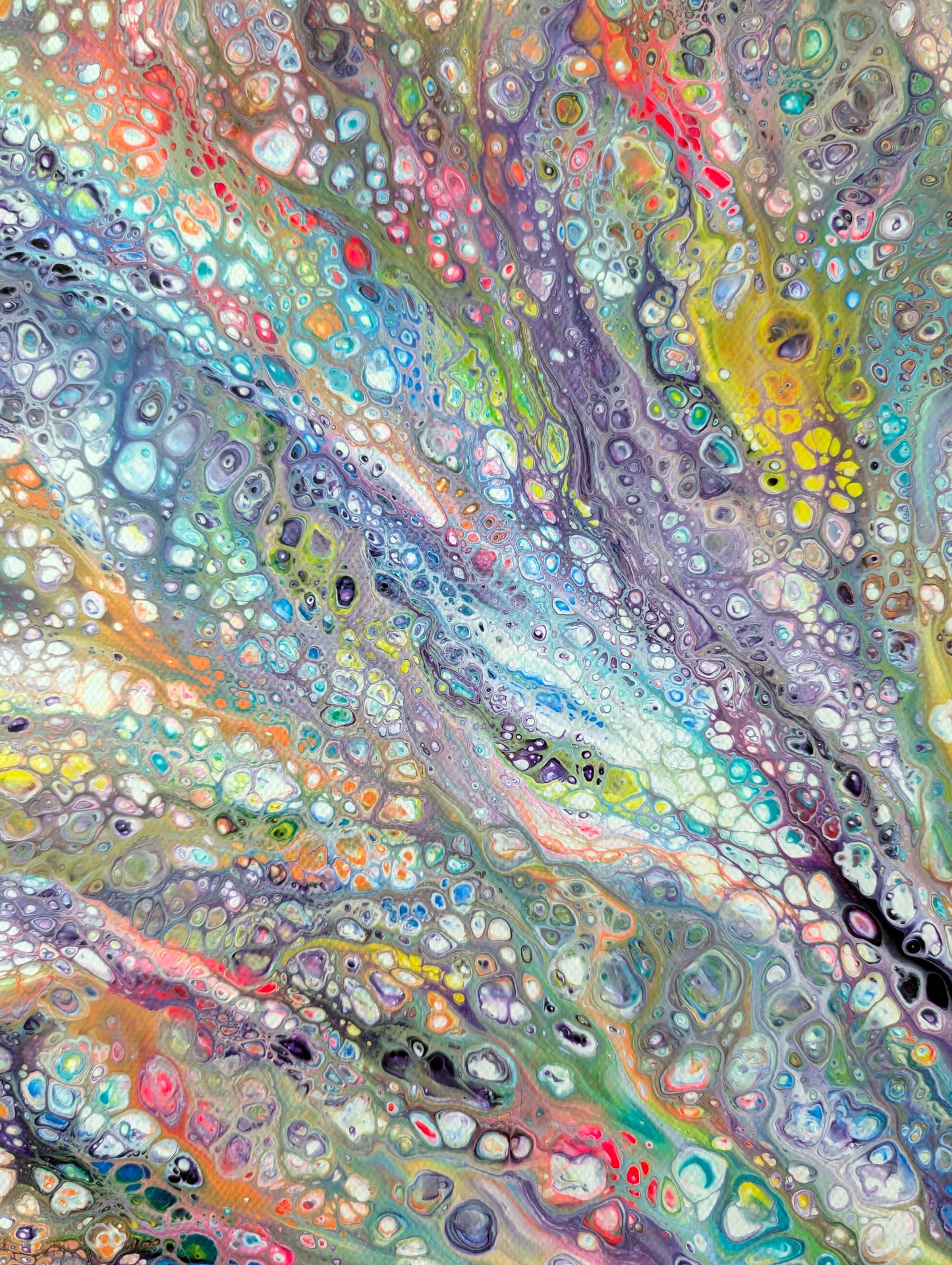 Close-up of Unicorn painting featuring luminous cells in turquoise, pink, and lavender, flowing together with soft green and coral—highlighting the magical movement and layered texture.
