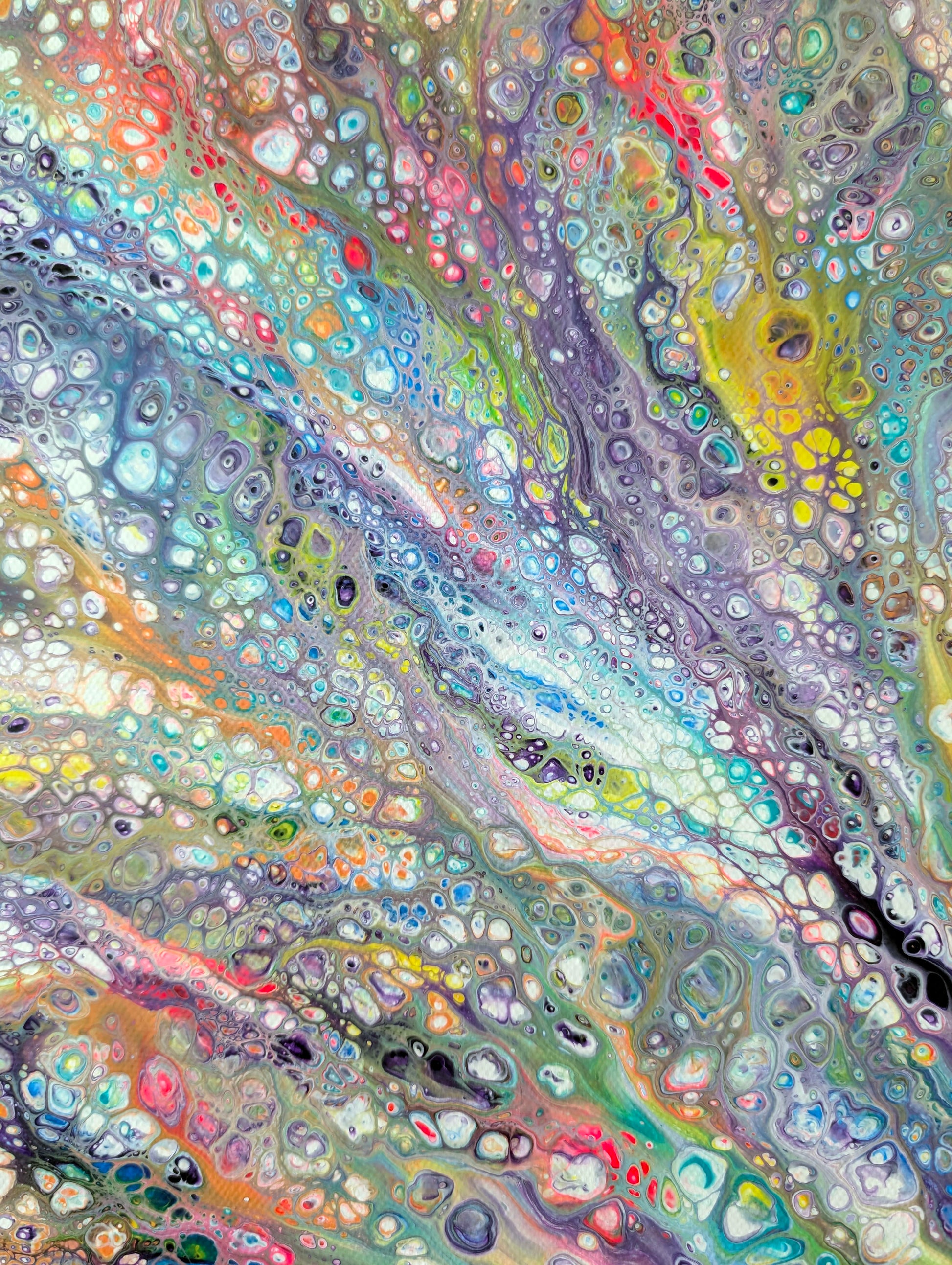 Close-up of Unicorn painting featuring luminous cells in turquoise, pink, and lavender, flowing together with soft green and coral—highlighting the magical movement and layered texture.