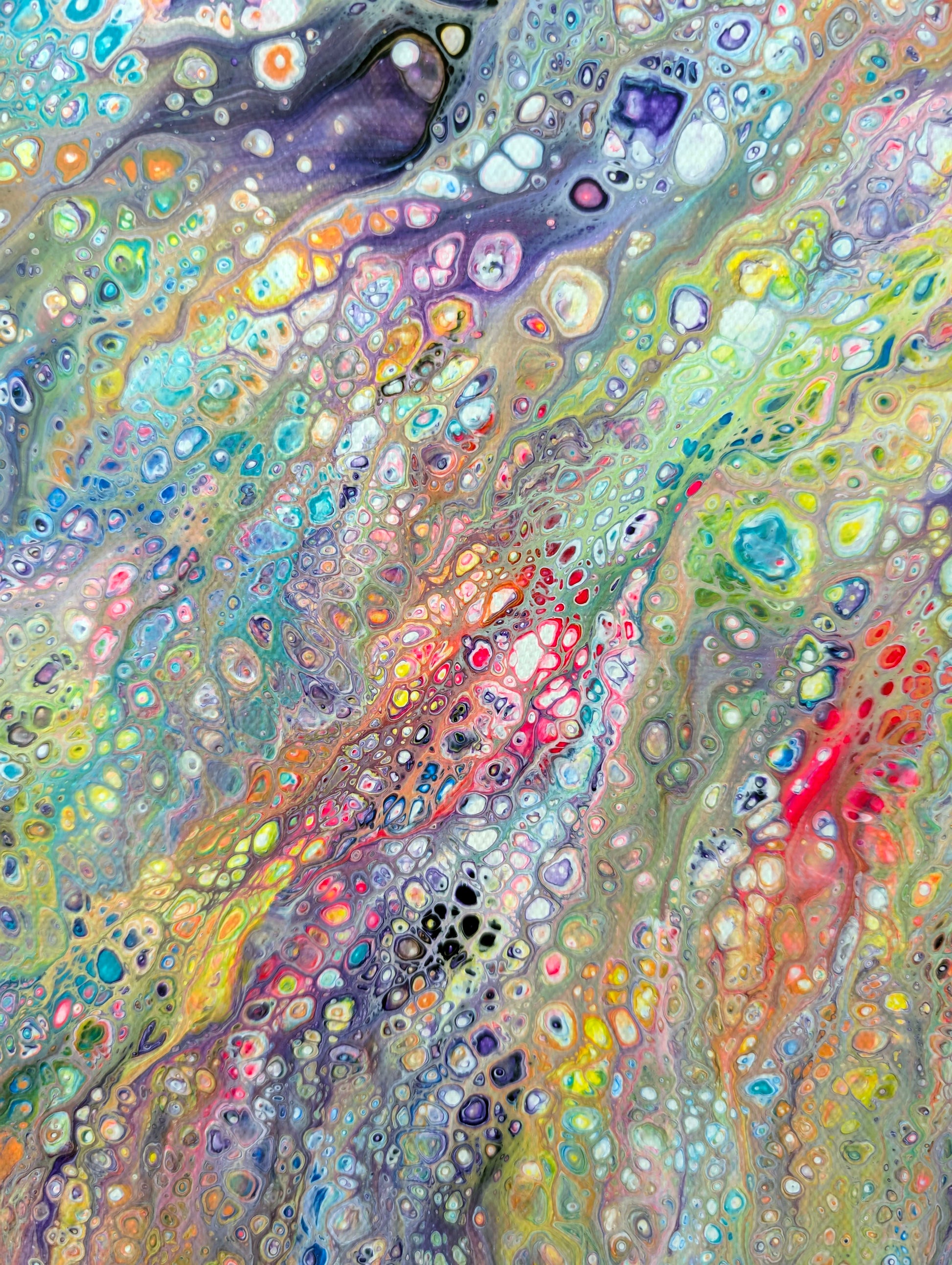 Vibrant rainbow detail from Unicorn fluid art painting, showing energetic red, aqua, and lime cells layered over lavender and gold—evoking joy and dynamic energy.