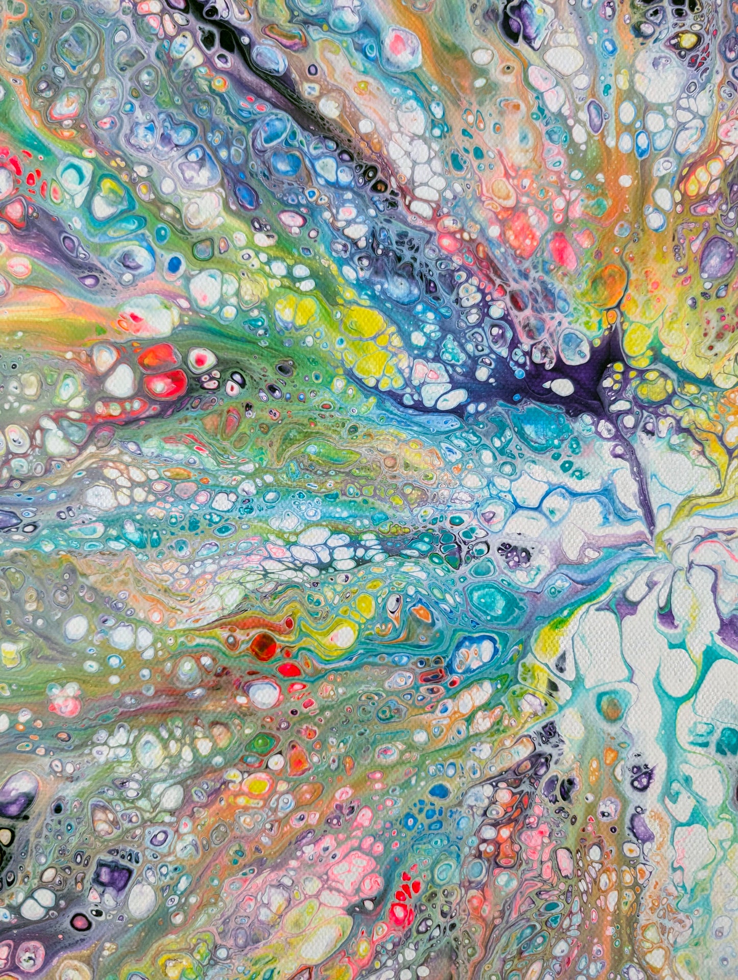 Center detail of Unicorn painting showing radiant outward movement in layered blues, purples, and yellows, surrounded by intricate cell work and glowing highlights.