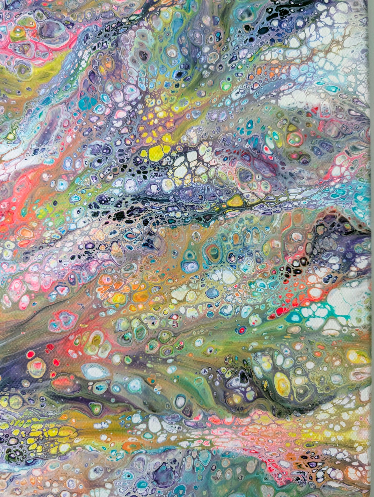 Soft detail from Unicorn painting with blended pastel tones of green, lavender, and coral—offering a gentle, dreamy texture and subtle cell variations.