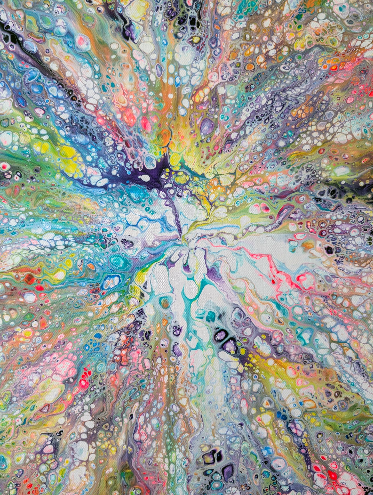 Close-up of Unicorn painting’s dynamic burst composition, where warm yellows and pinks collide with deep purples and radiant turquoise, revealing the emotional heart of the piece.
