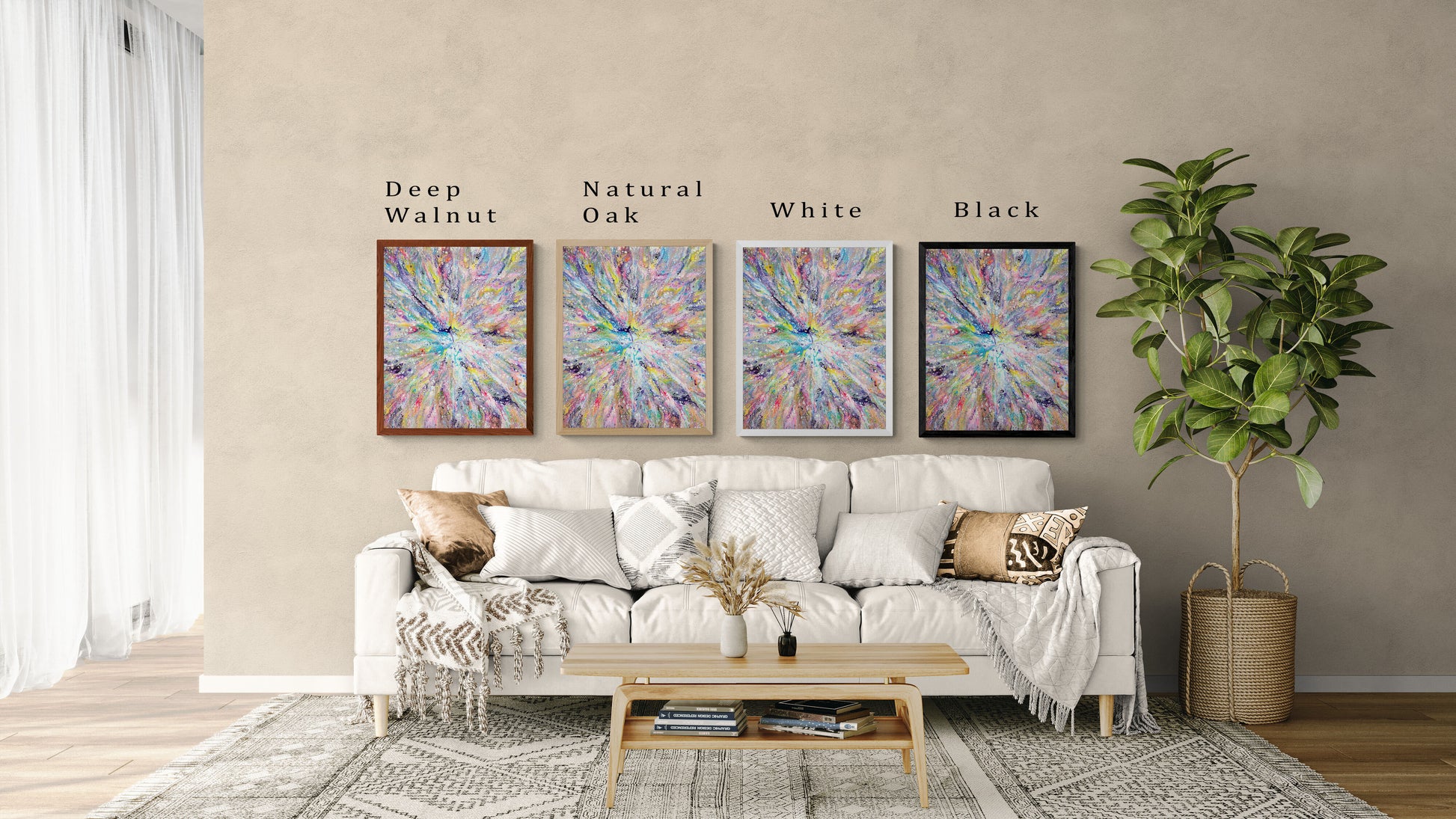 Four framed prints of Abby May Art’s “Unicorn” painting displayed above a cream sofa. The artwork features pastel pinks, purples, blues, and yellow in a radiant, swirling burst. Frame colors shown are Deep Walnut, Natural Oak, White, and Black, each labeled to compare how the artwork looks with different frames in a living room setting.