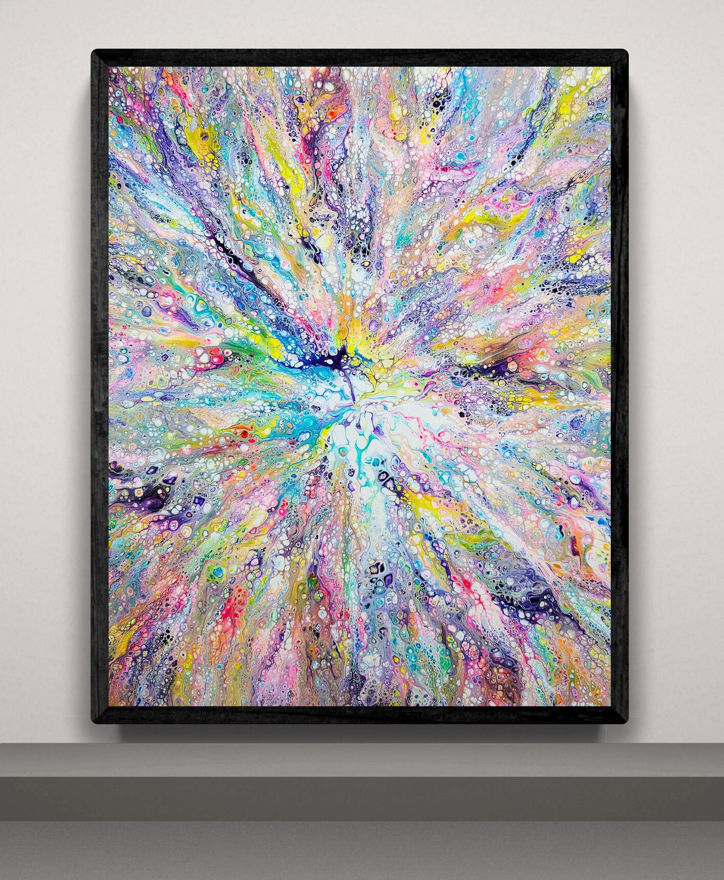 Unicorn – abstract fluid art print bursting with rainbow colors and intricate cell patterns, framed wall decor with vibrant detail.